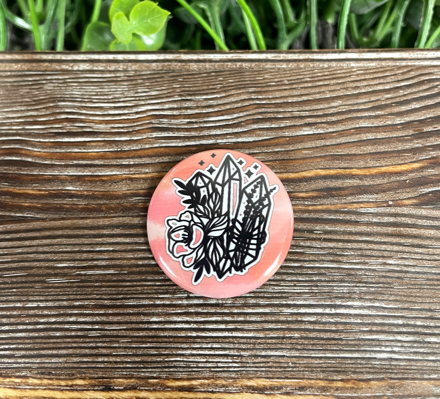 Crystals and Flowers, Graphic Art Button / Pin 1.25” , Pink Background - Handmade by Marlayna