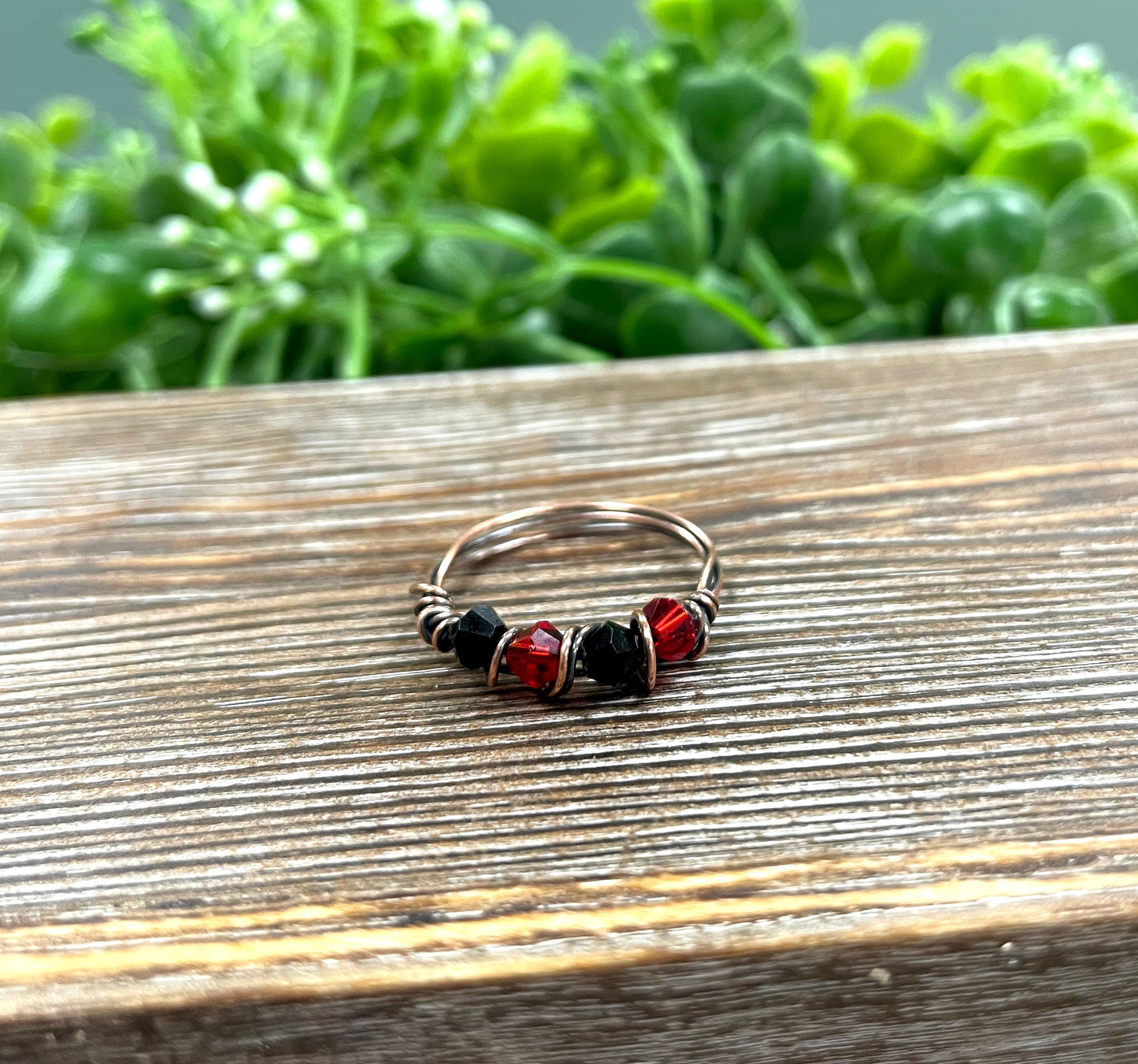 Red and Black Glass Crystal Wire Wrapped Ring - Handmade by Marlayna