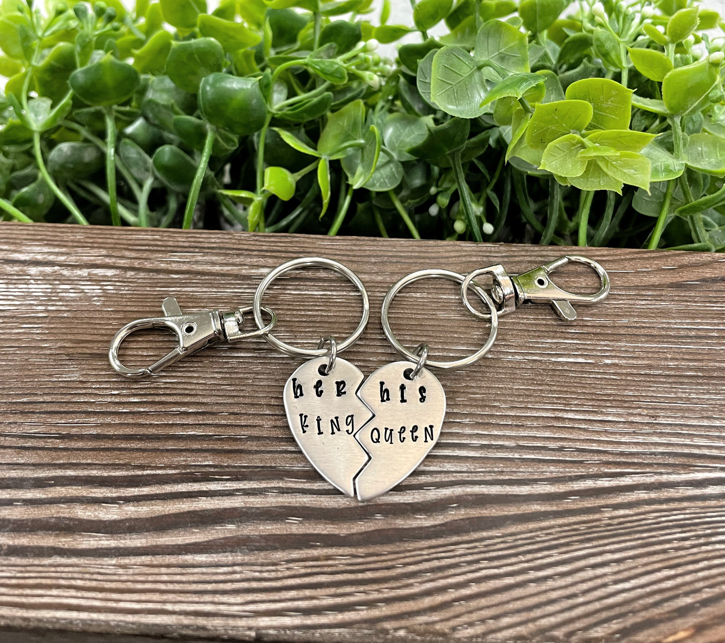 Her King His Queen Hand Stamped Key Chain Set Boyfriend Gift Valentines Day - Handmade by Marlayna