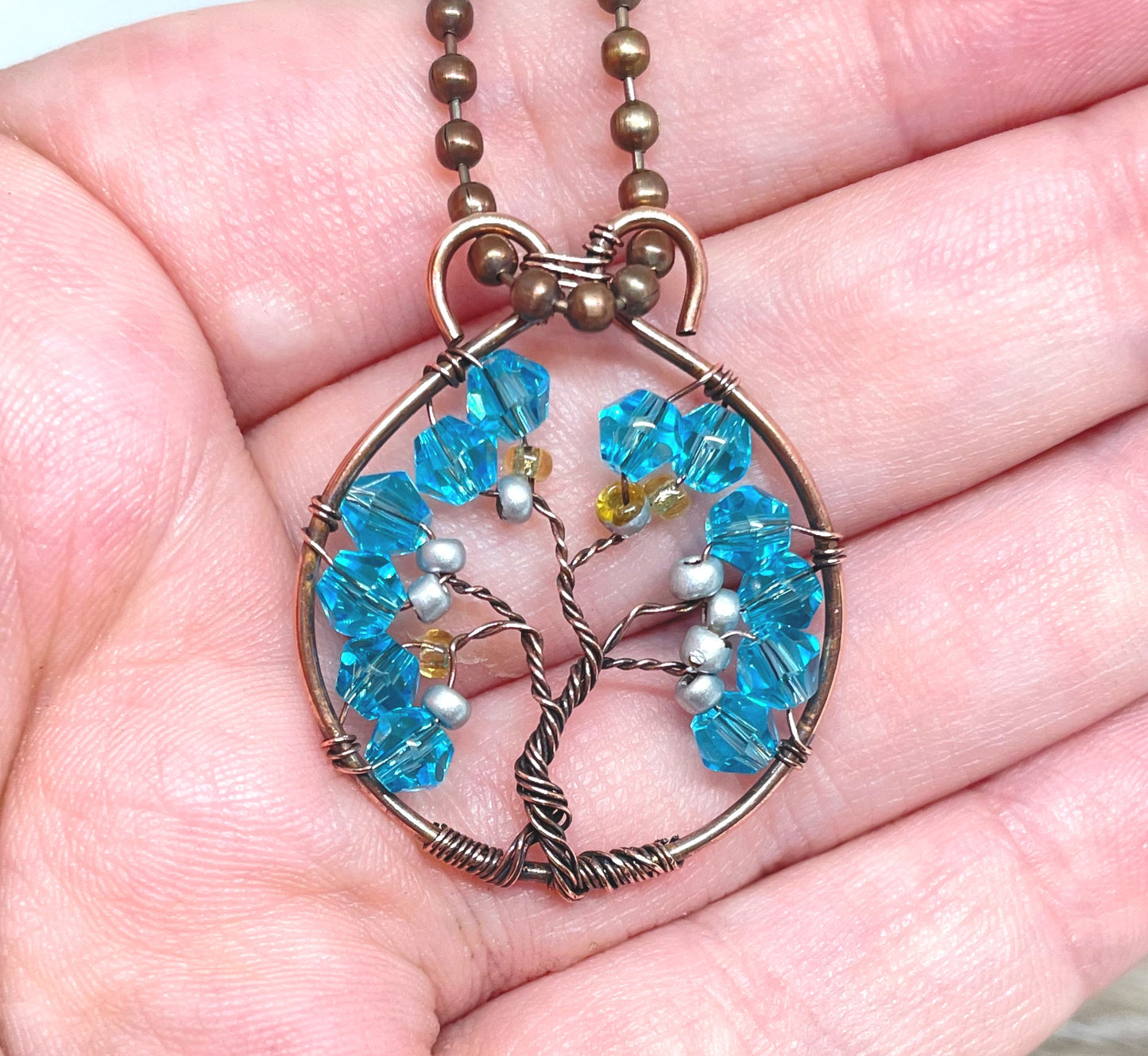 Mini Wire Wrapped Tree of Life Pendant with Glass Crystals - Handmade by Marlayna