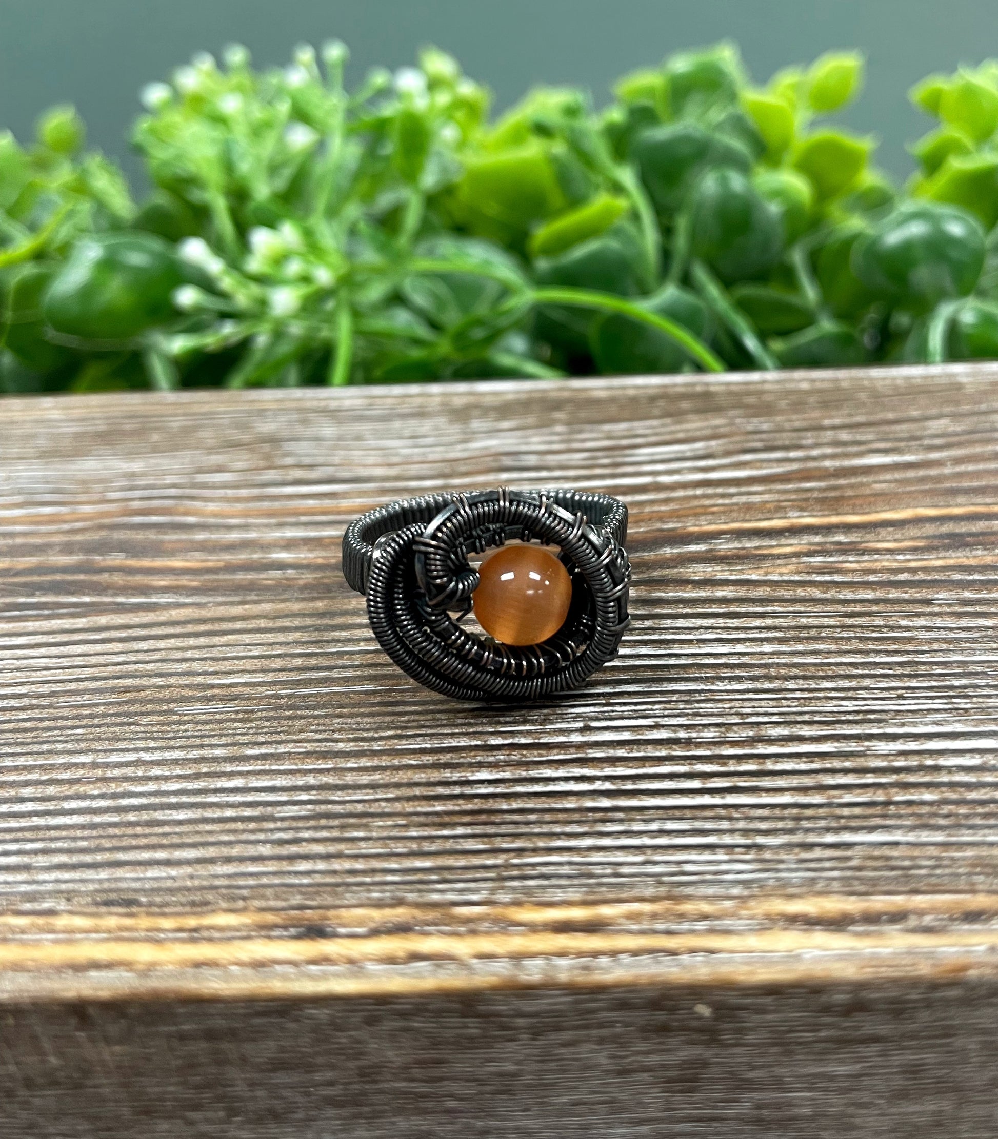 Orange Cats Eye Quartz Gemstone Wire Wrapped Ring - Handmade by Marlayna