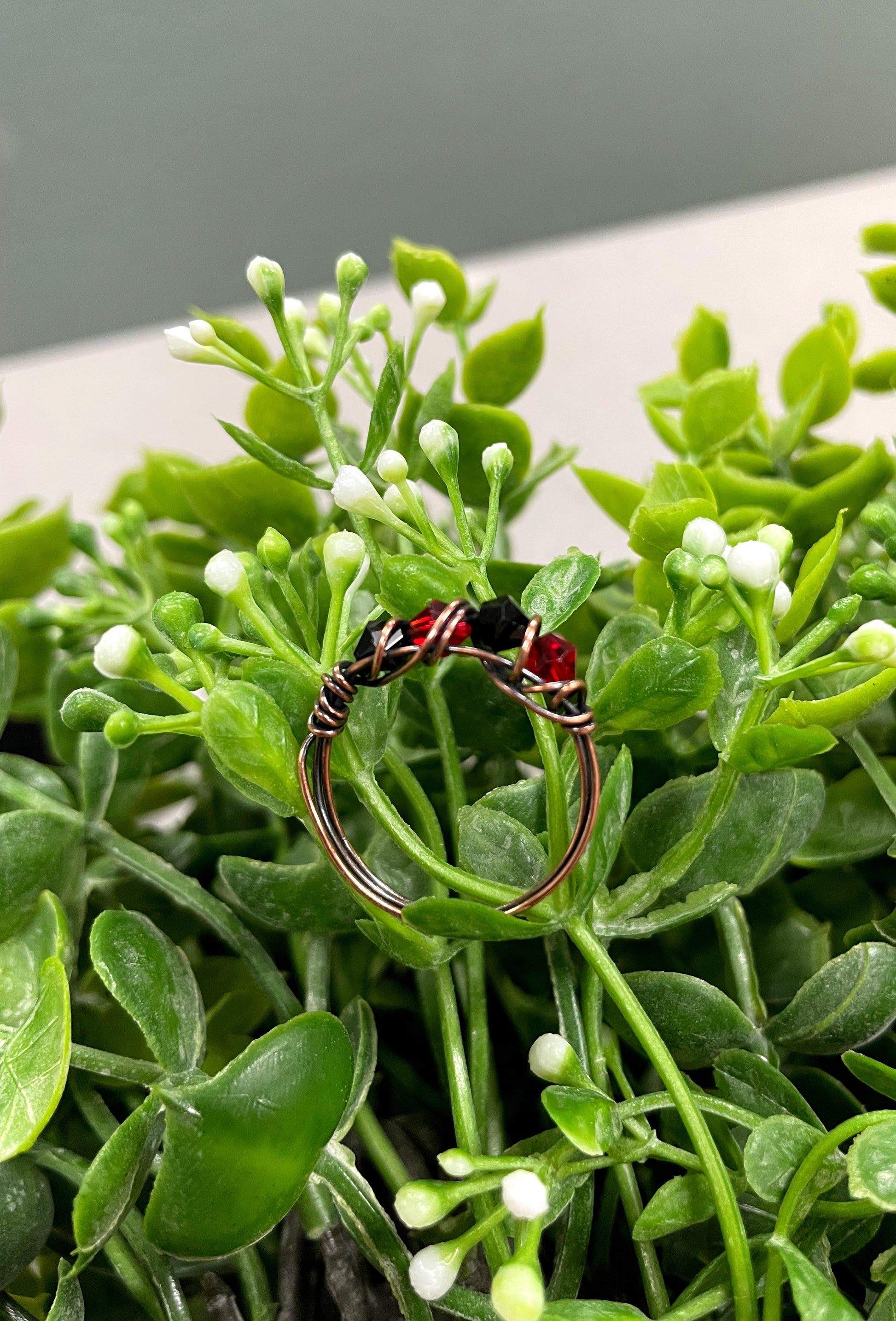 Red and Black Glass Crystal Wire Wrapped Ring - Handmade by Marlayna