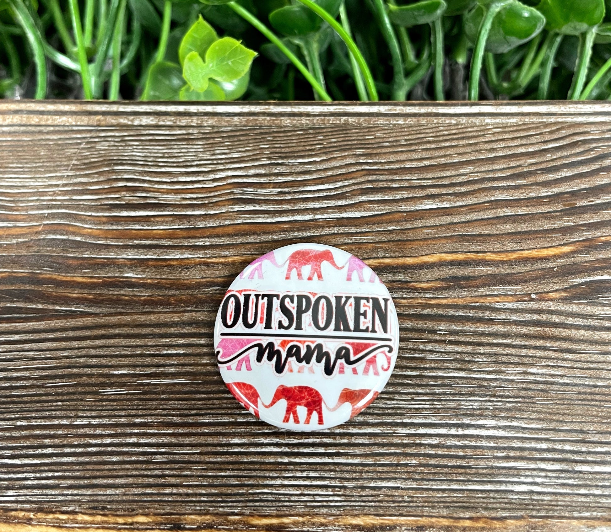 Outspoken Mama, Graphic Art Button / Pin 1.25” , Pink Red Elephants - Handmade by Marlayna