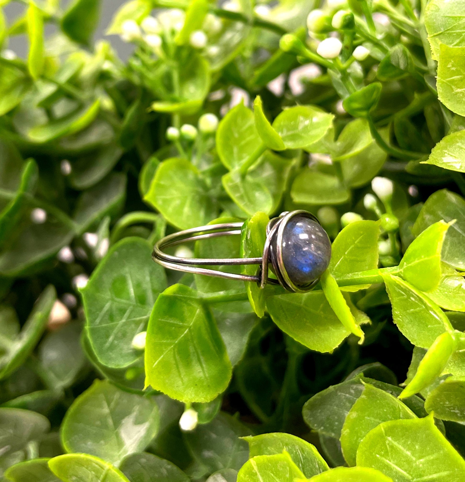 Labradorite Gemstone Wire Wrapped Ring w/ Sterling Silver Wire - Handmade by Marlayna