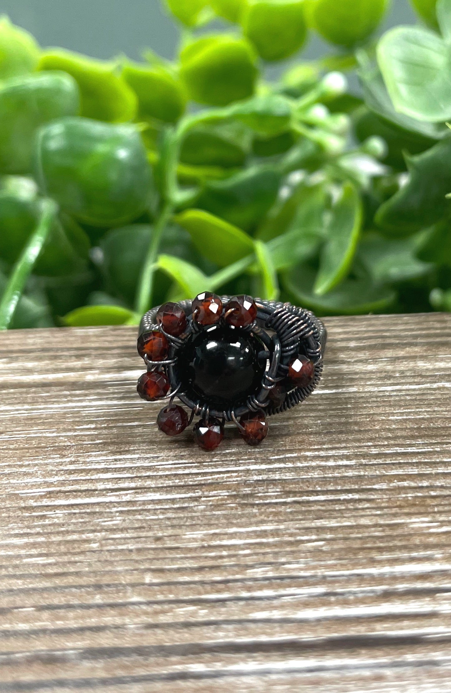 Onyx Gemstone w/ Garnet Beads Wire Wrapped Ring - Handmade by Marlayna