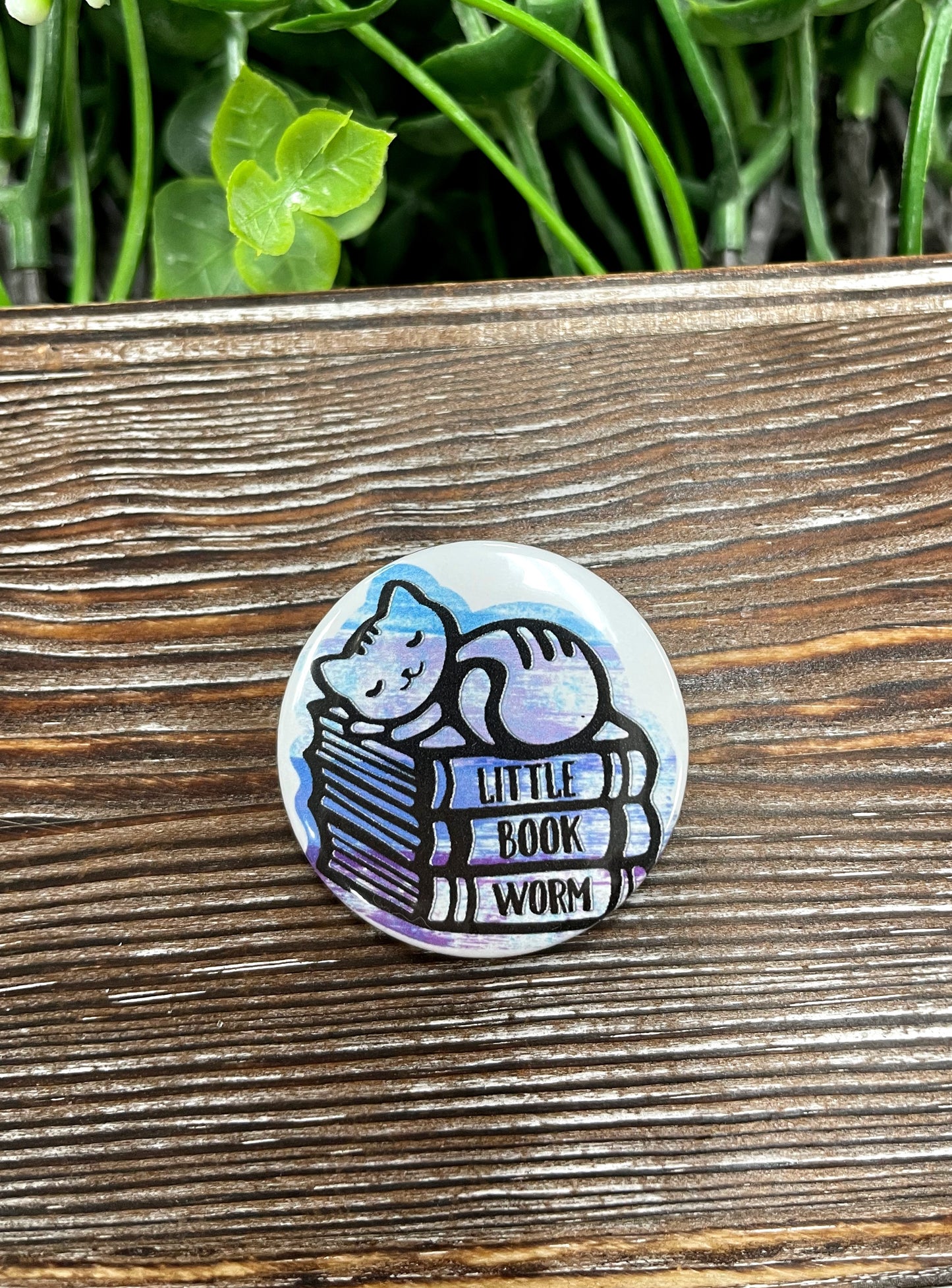 Little Book Worm Cat Graphic Art Button / Pin 1.25” - Handmade by Marlayna