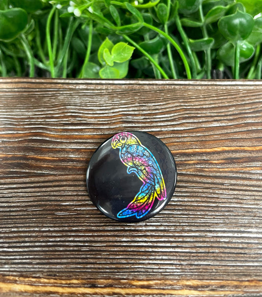 Rainbow Mandala Parrot, Graphic Art Button / Pin 1.25” - Handmade by Marlayna