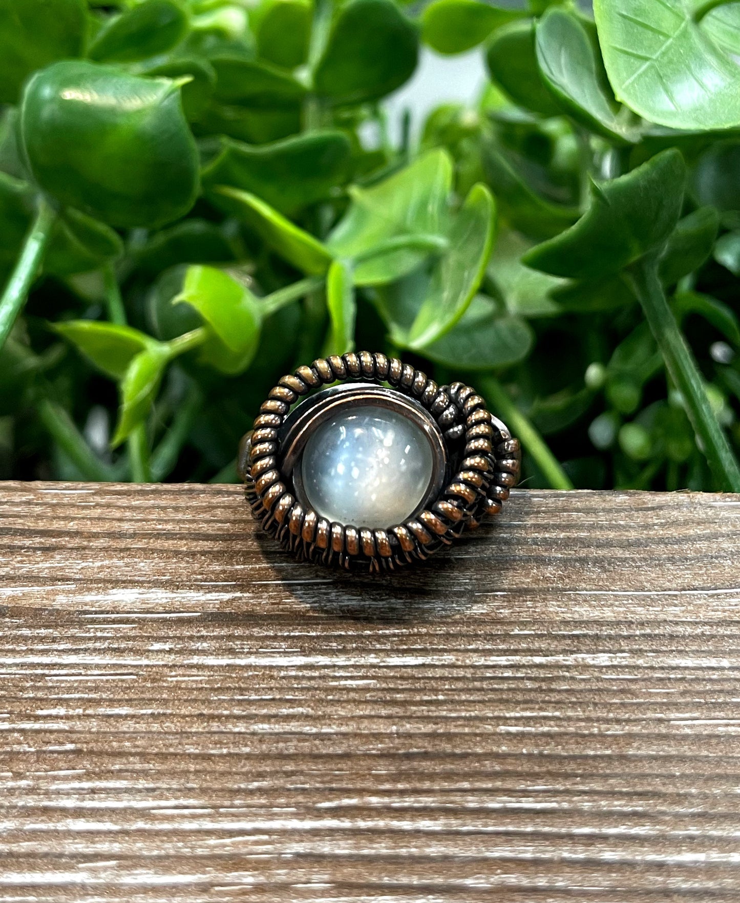 Moonstone Cabochon Wire Wrapped Ring Size 10 - Handmade by Marlayna