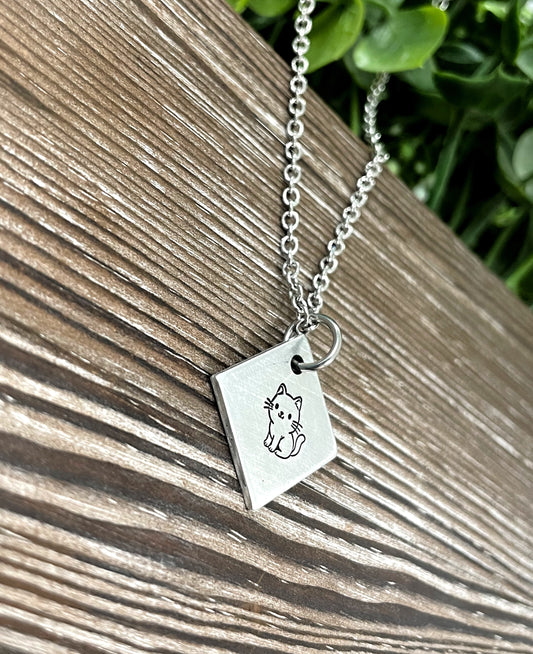 Cute Cat Diamond Fun Animal Themed Hand Stamped Necklace - Handmade by Marlayna