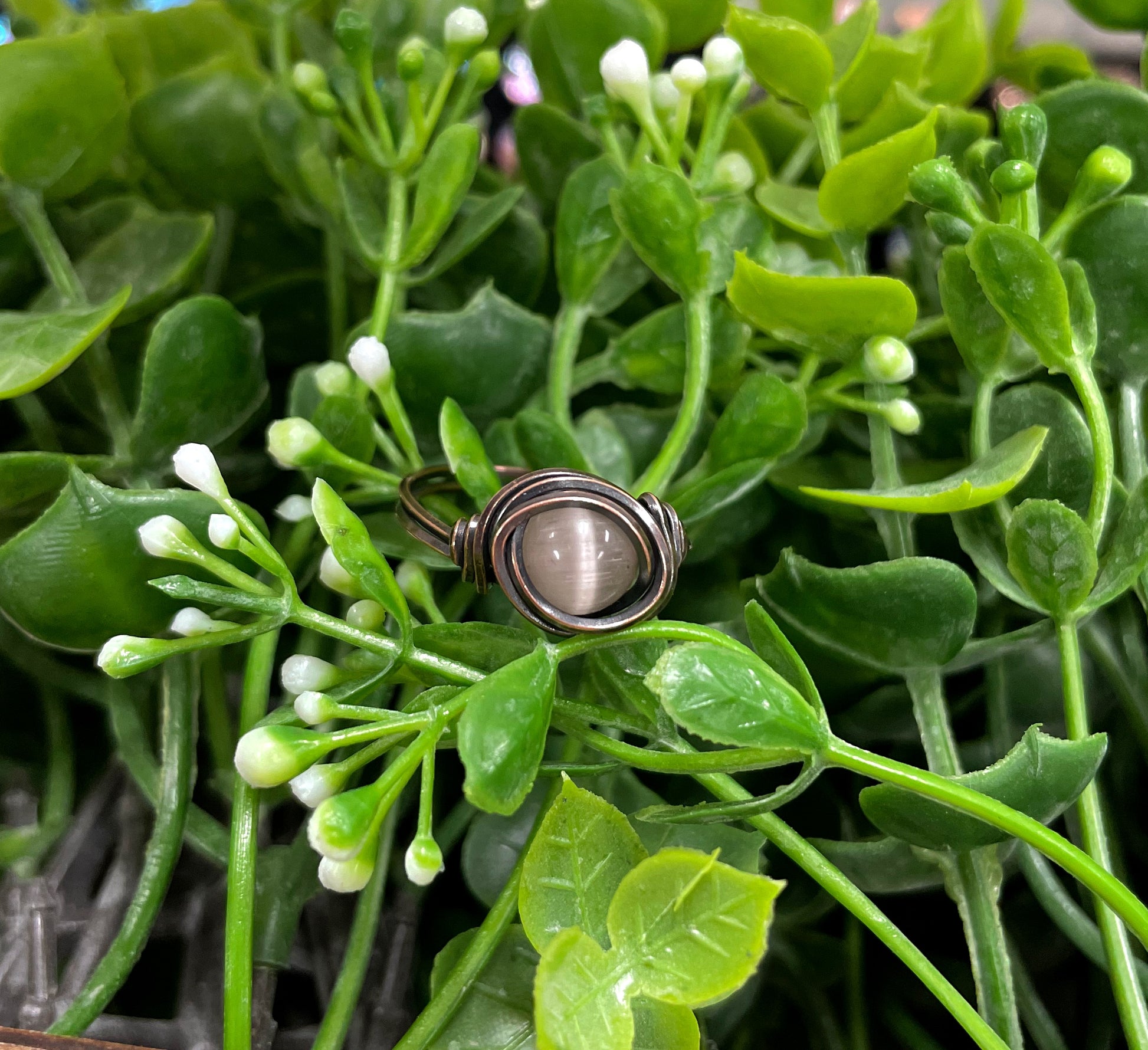 Cat Eye Glass Crystal Wire Wrapped Ring - Handmade by Marlayna