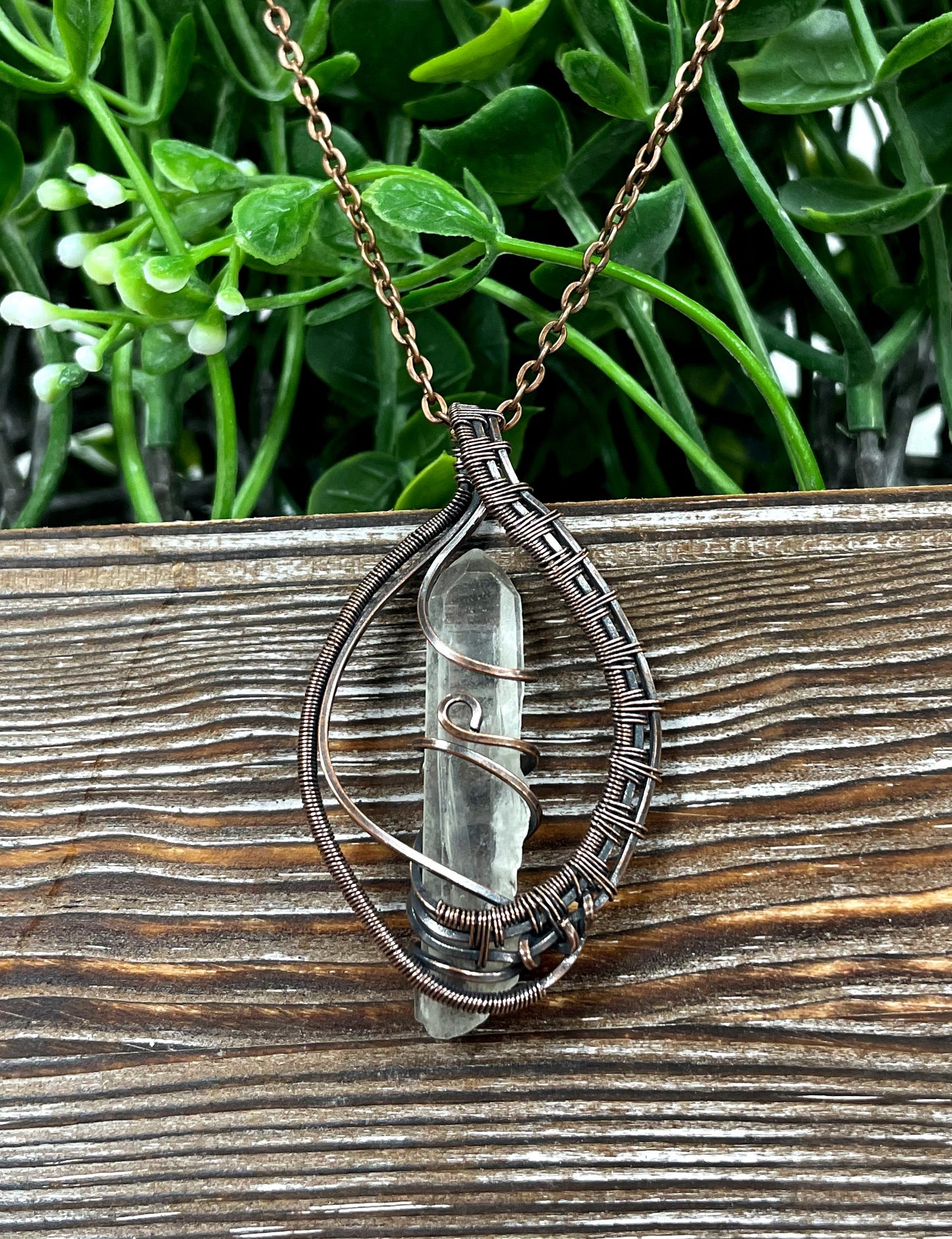 Wire Wrapped Quartz Crystal Gemstone Pendant, Woven Frame Candle - Handmade by Marlayna