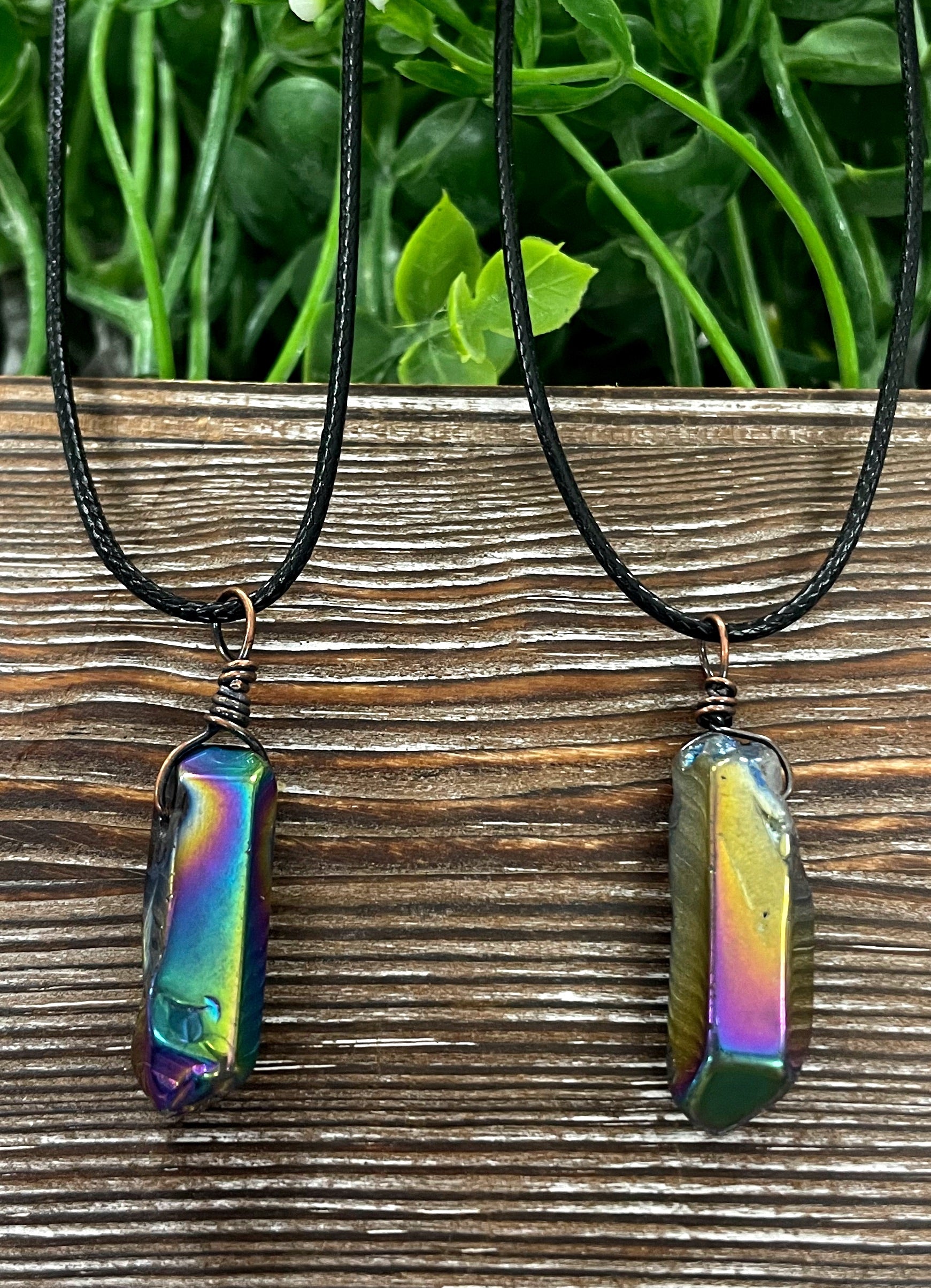 Wire Wrapped Rainbow Aura Titanium Coated Quartz Crystal Gemstone Pendant - Handmade by Marlayna