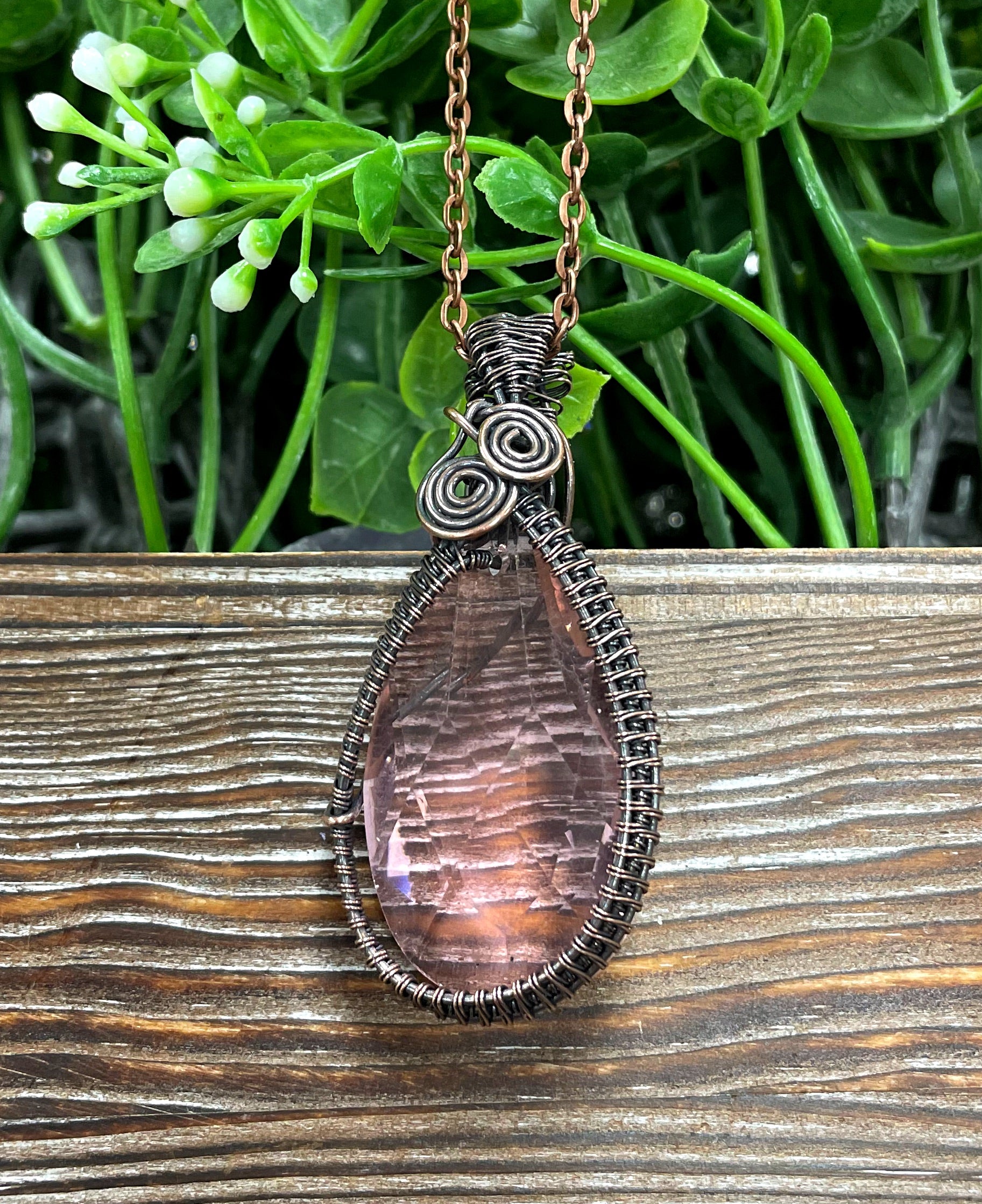 Wire Wrapped Faceted Pink Glass Crystal Pendant, Woven Frame - Handmade by Marlayna