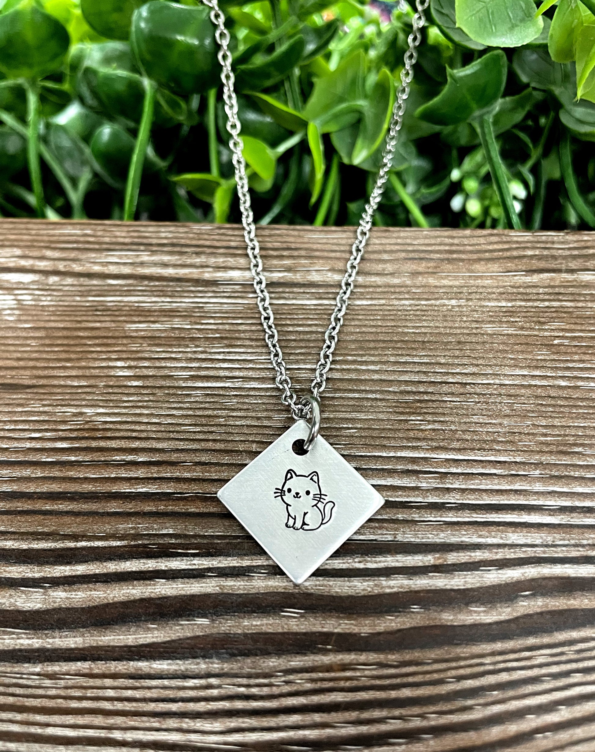 Cute Cat Diamond Fun Animal Themed Hand Stamped Necklace - Handmade by Marlayna