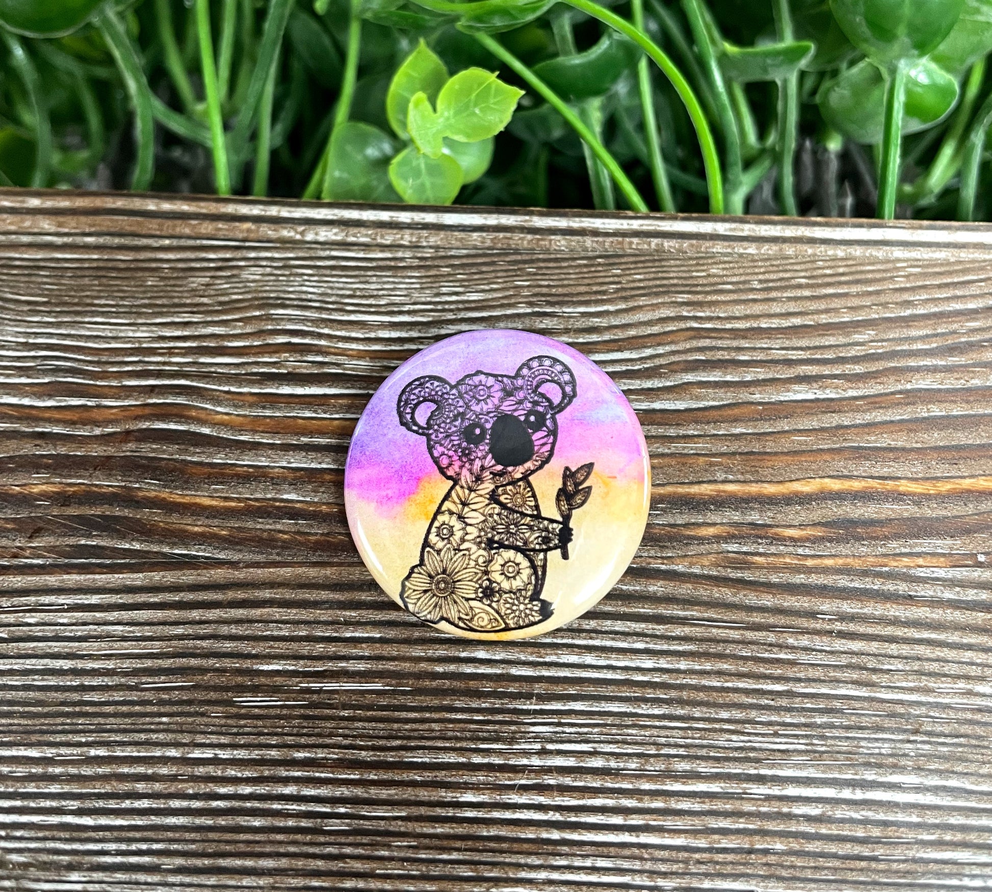 Koala Mandala, Graphic Art Button / Pin 1.25” , Purple and Orange Watercolor - Handmade by Marlayna