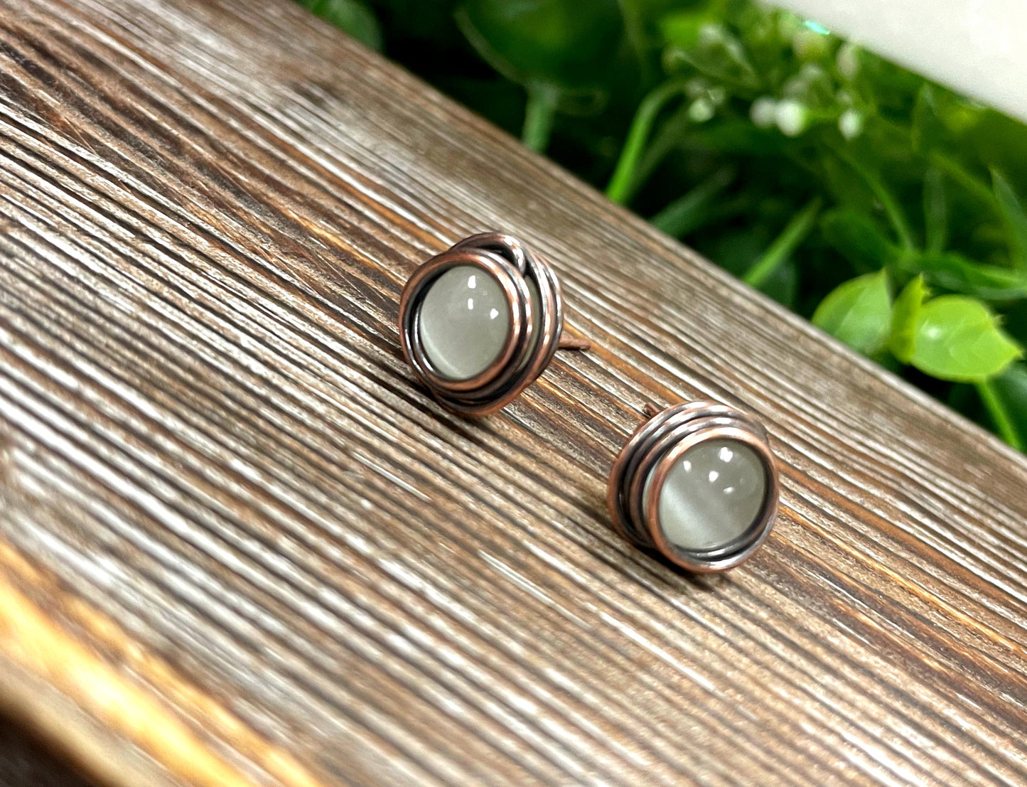 Copper Stud Earrings w/ Cat Eye Beads - Handmade by Marlayna