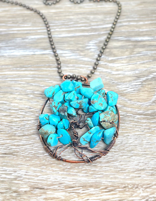 Wire Wrapped Tree of Life Pendant with Imitation Turquoise Gemstones - Handmade by Marlayna