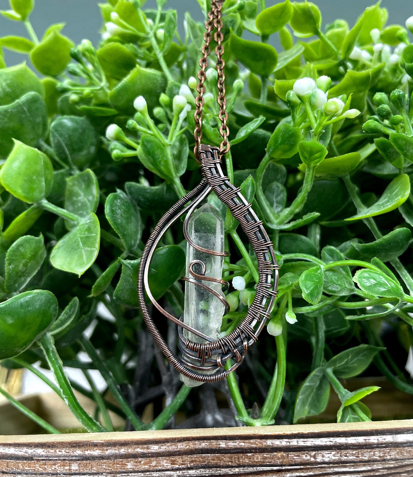 Wire Wrapped Quartz Crystal Gemstone Pendant, Woven Frame Candle - Handmade by Marlayna