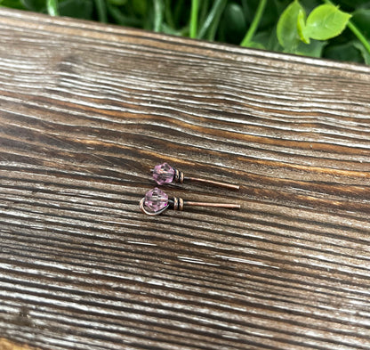 Pink Small Glass Crystal Copper Stud Earrings - Handmade by Marlayna