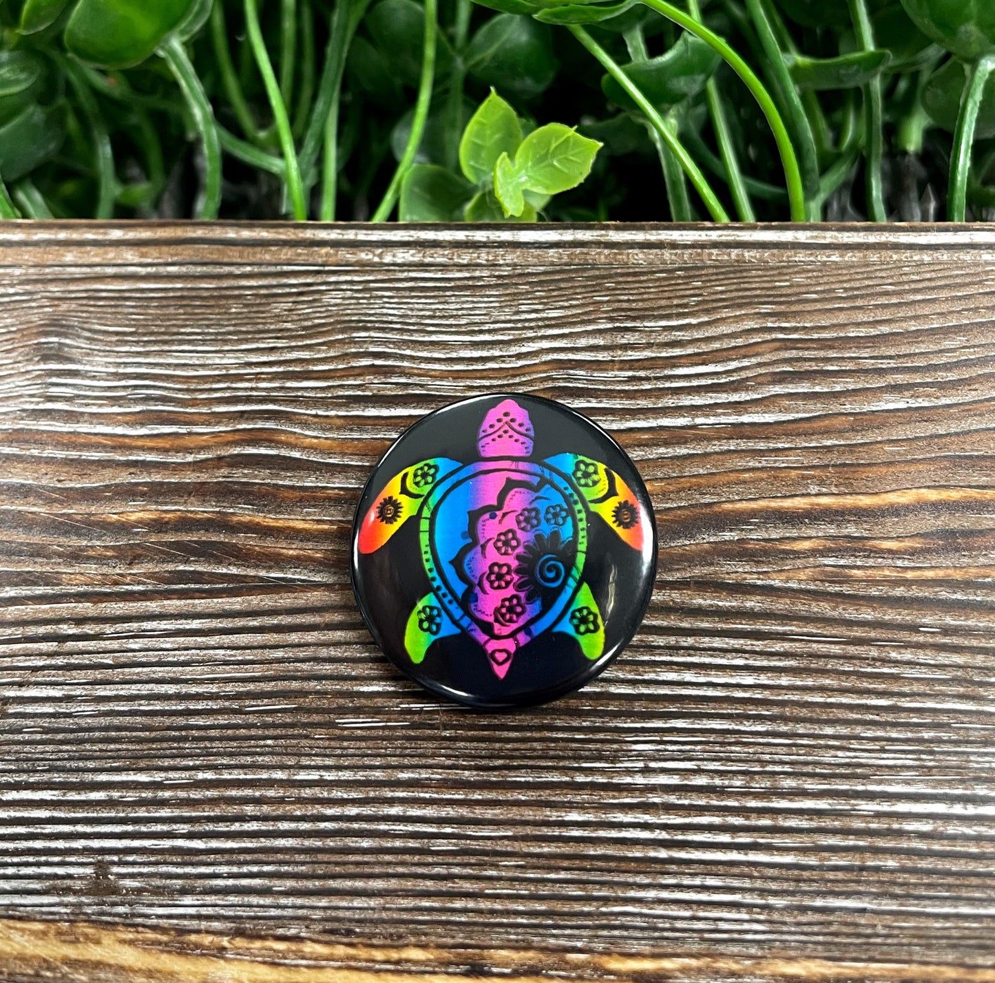 Rainbow Mandala Turtle, Graphic Art Button / Pin 1.25” - Handmade by Marlayna