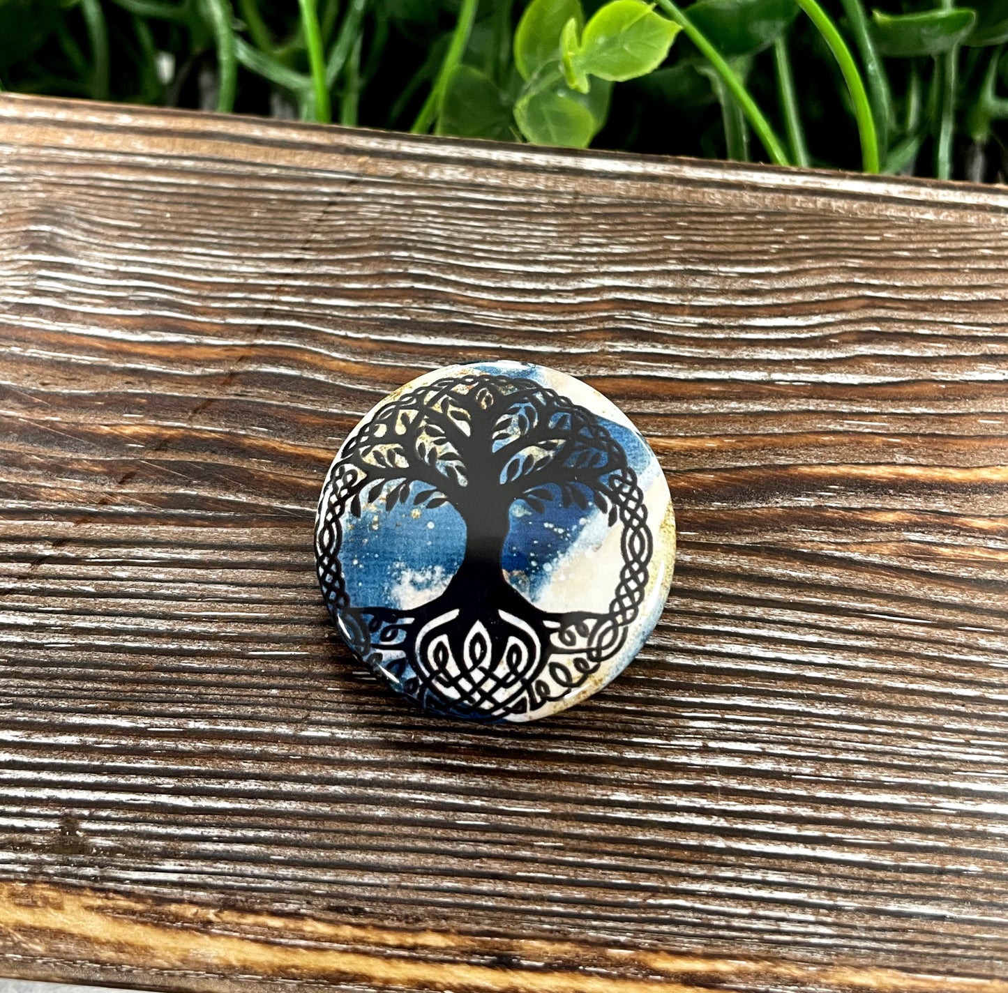 Tree of Life, Blue and Gold Glitter, Graphic Art Button / Pin 1.25” - Handmade by Marlayna