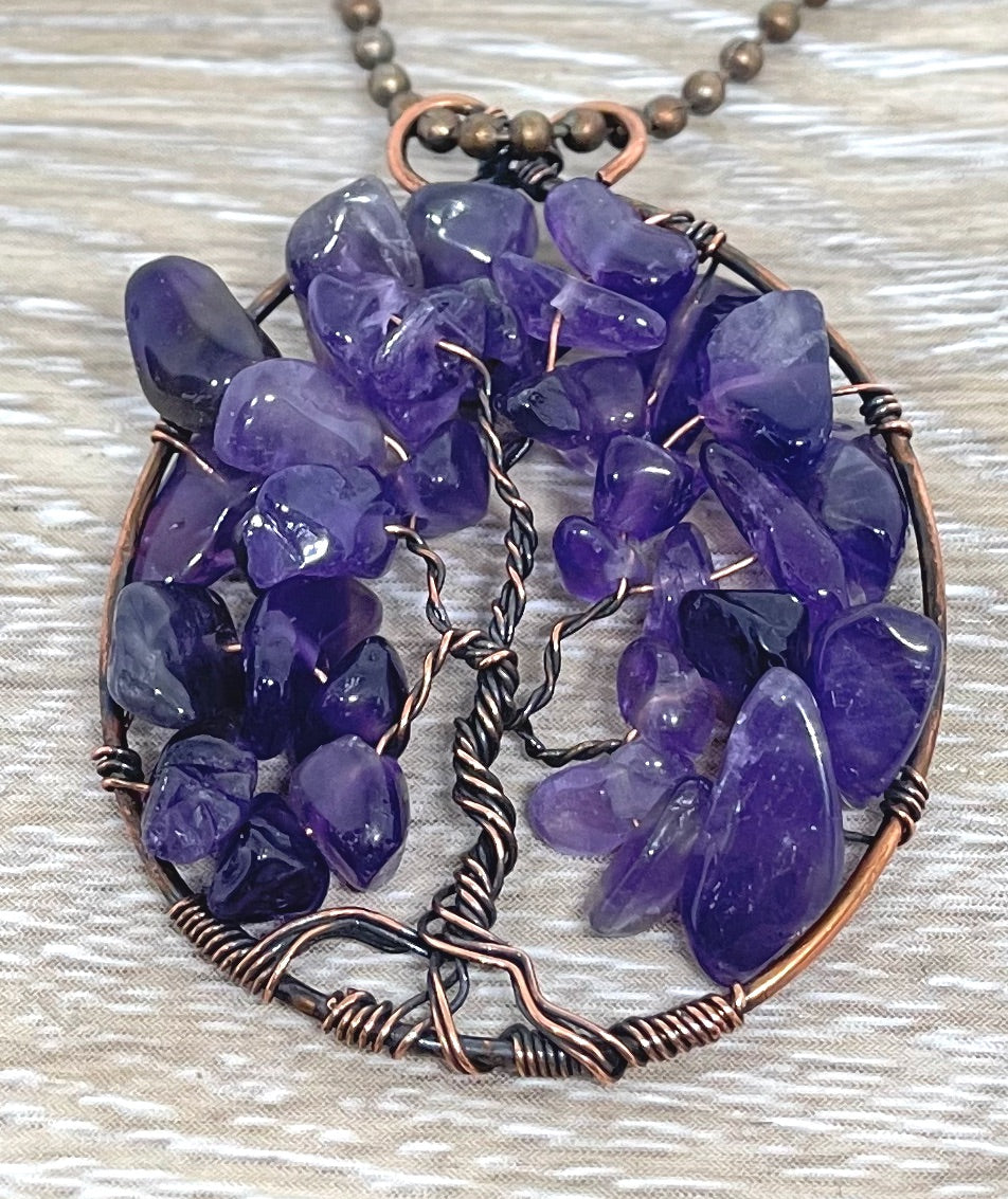 Wire Wrapped Tree of Life Pendant with Amethyst Gemstones - Handmade by Marlayna