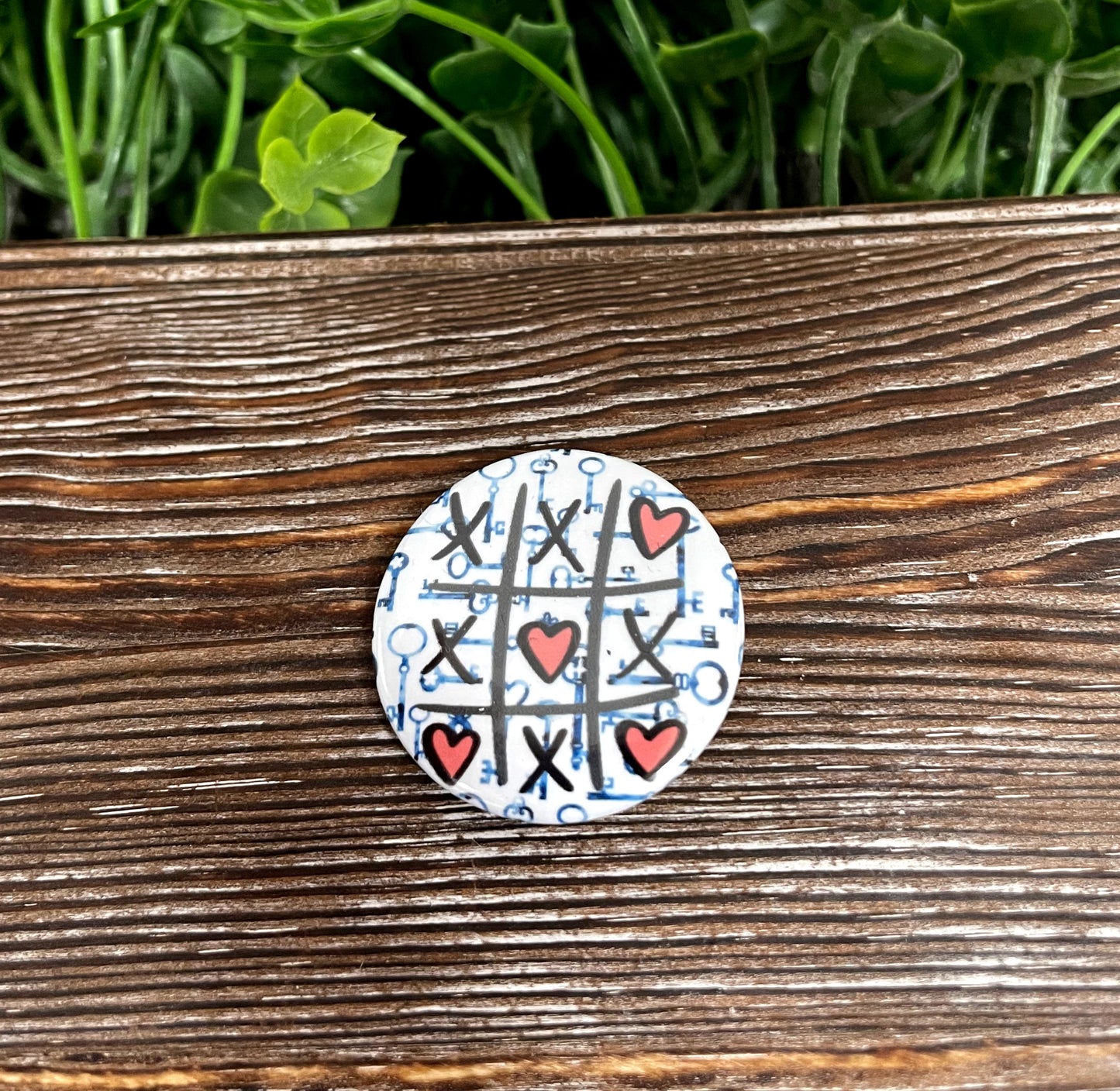 Tic Tac Toe Hearts Graphic Art Button / Pin 1.25” - Handmade by Marlayna