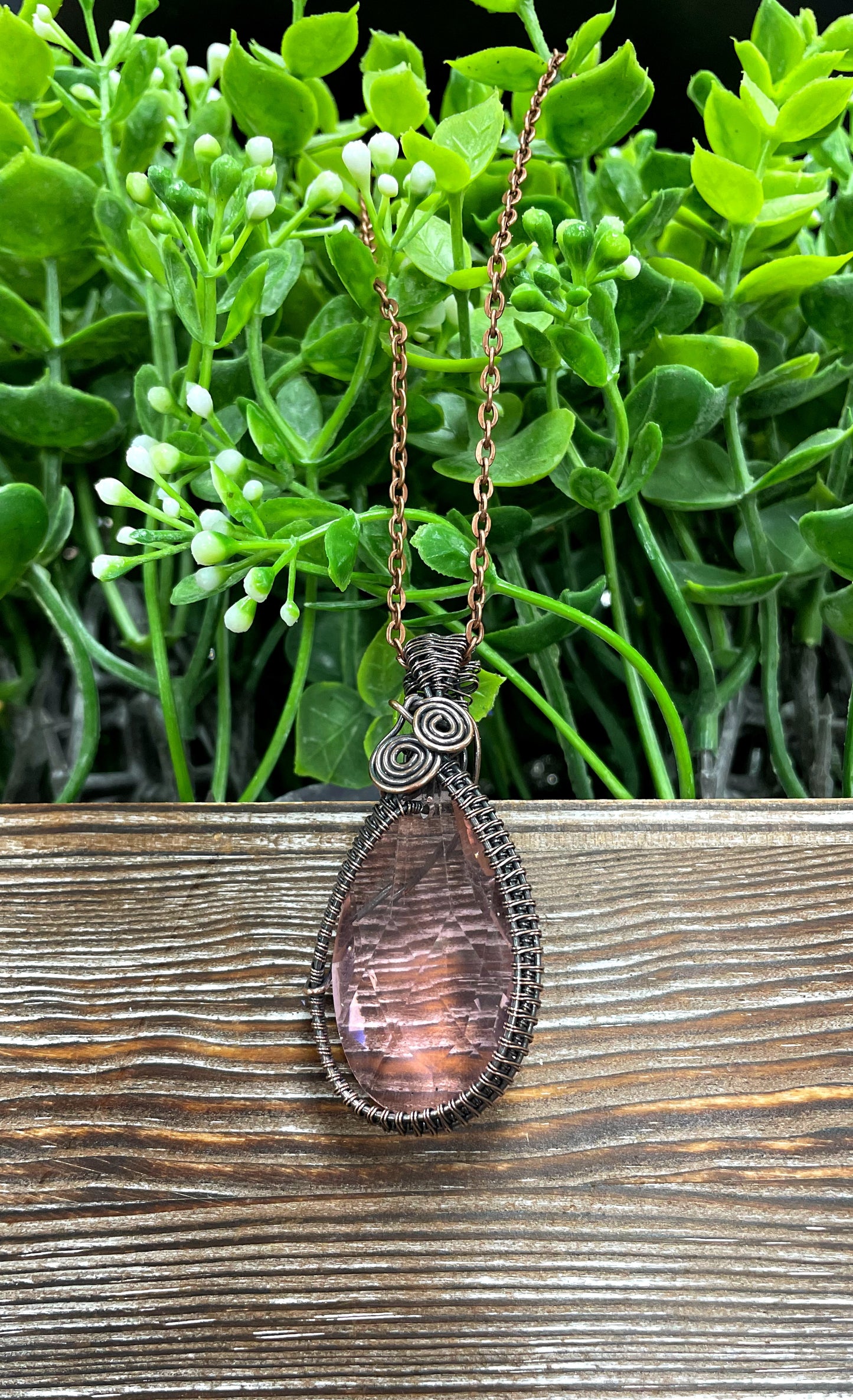 Wire Wrapped Faceted Pink Glass Crystal Pendant, Woven Frame - Handmade by Marlayna