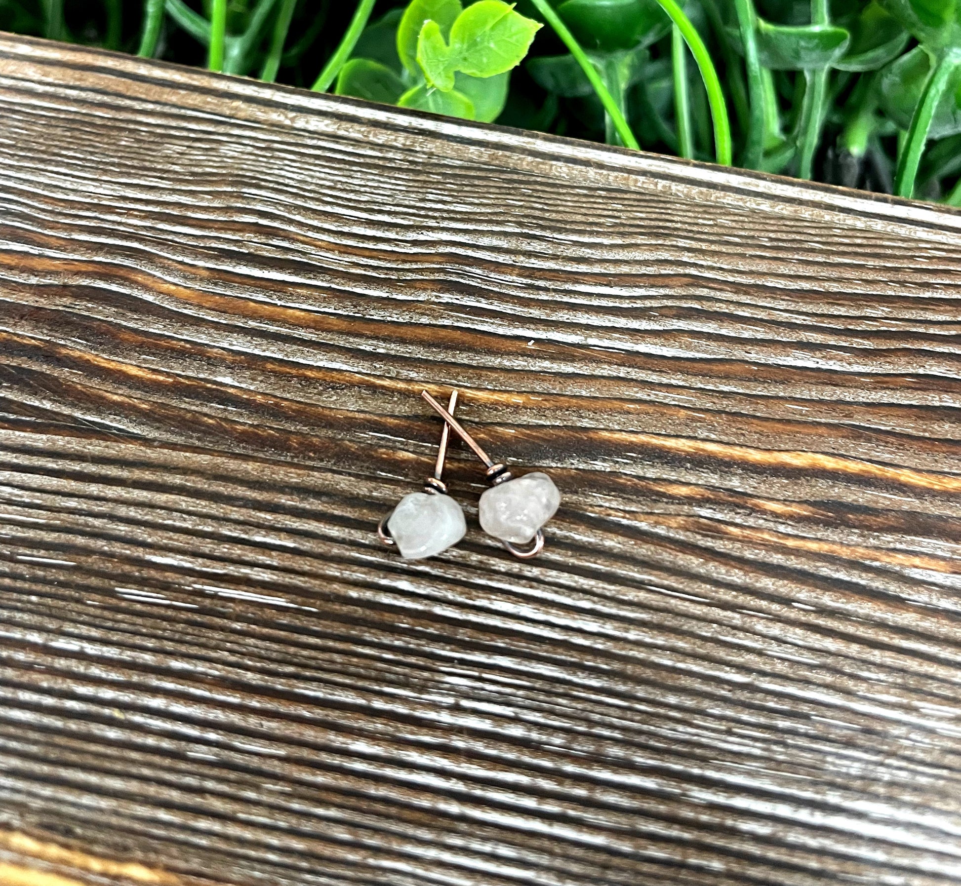 Rose Quartz Gemstone Chip Copper Stud Earrings - Handmade by Marlayna