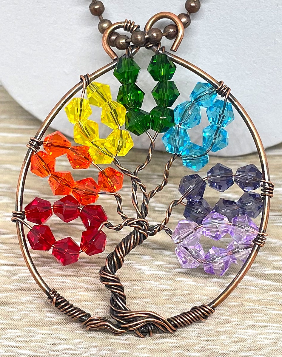 Wire Wrapped Rainbow Tree of Life Pendant with Glass Crystals - Handmade by Marlayna