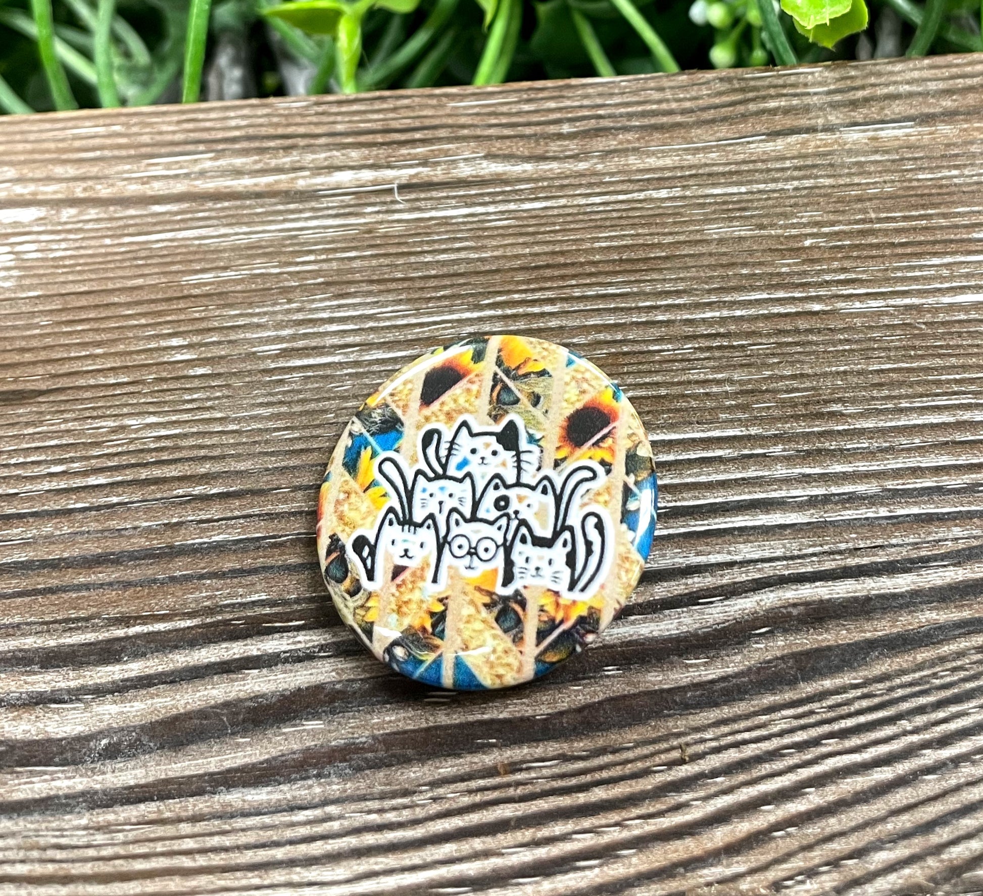 Sunflower Cats Graphic Art Button / Pin 1.25” - Handmade by Marlayna