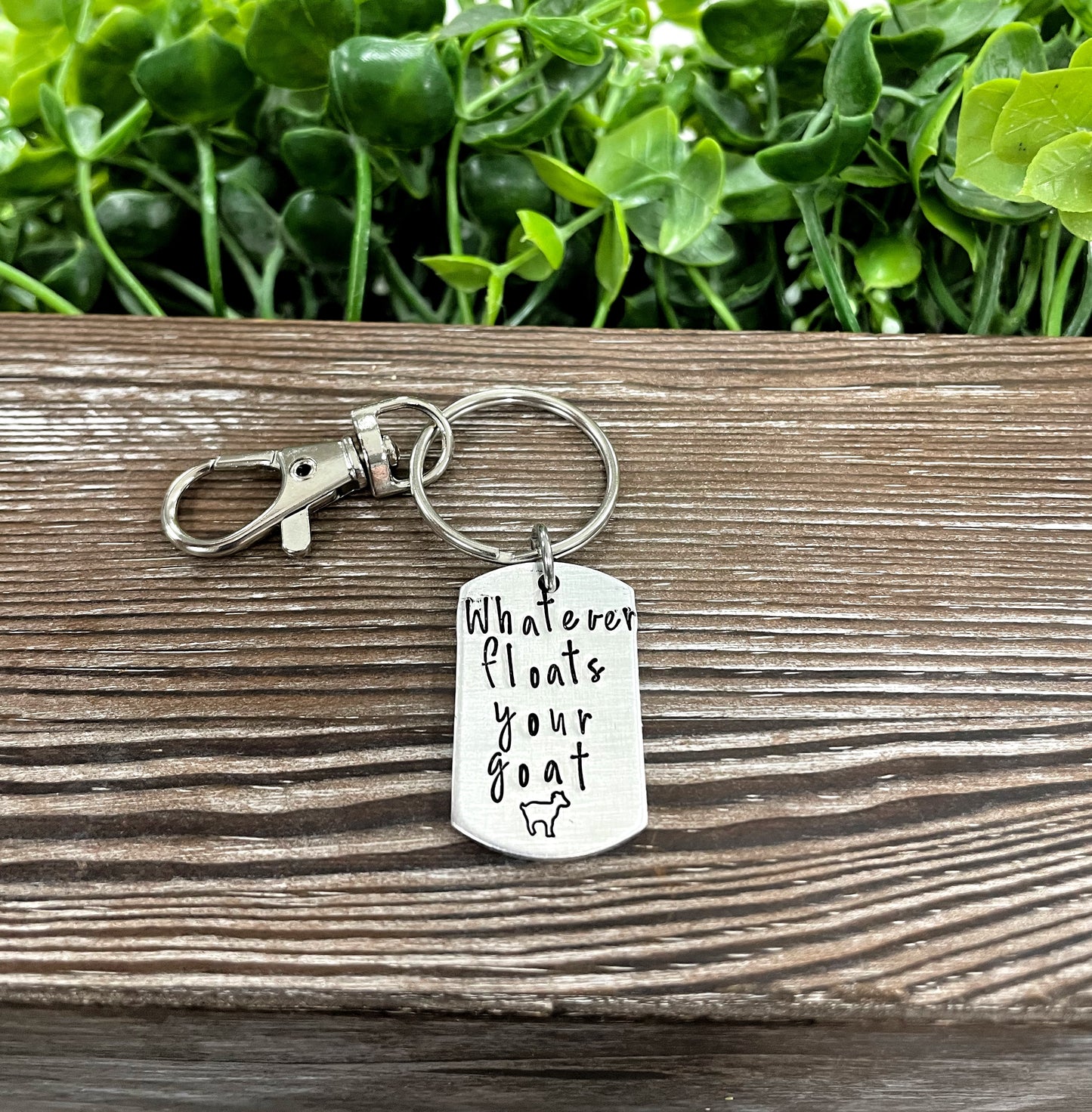 Whatever floats your goat Fun Animal Themed Hand Stamped Key Chain - Handmade by Marlayna