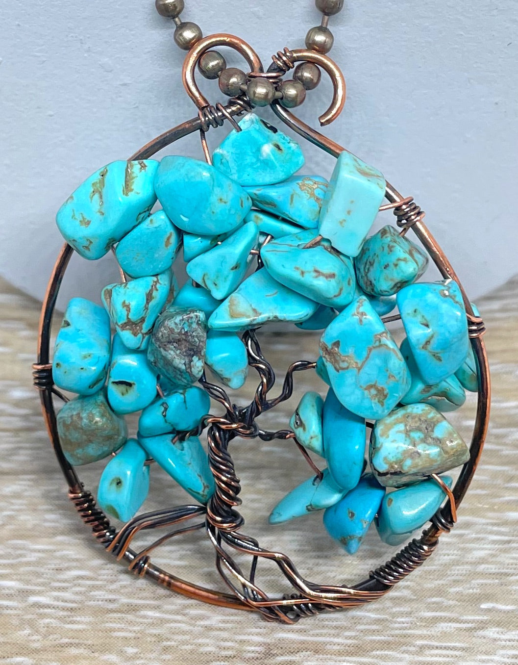 Wire Wrapped Tree of Life Pendant with Imitation Turquoise Gemstones - Handmade by Marlayna