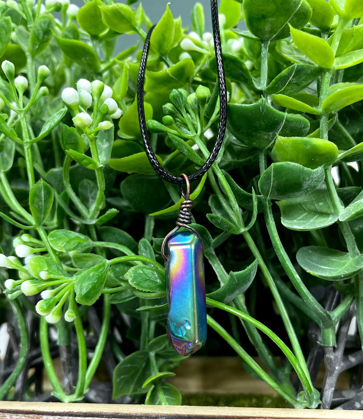 Wire Wrapped Rainbow Aura Titanium Coated Quartz Crystal Gemstone Pendant - Handmade by Marlayna