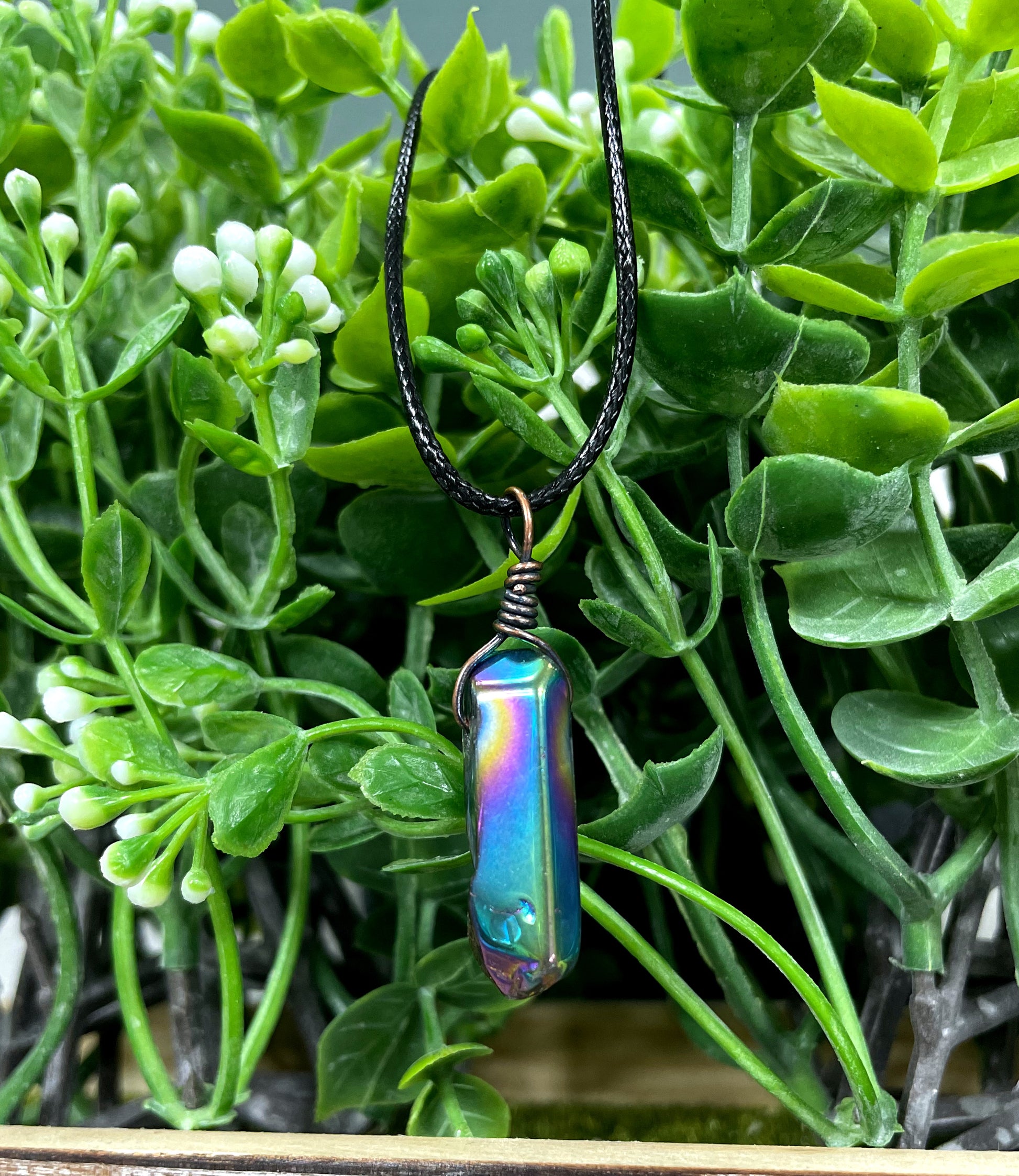 Wire Wrapped Rainbow Aura Titanium Coated Quartz Crystal Gemstone Pendant - Handmade by Marlayna