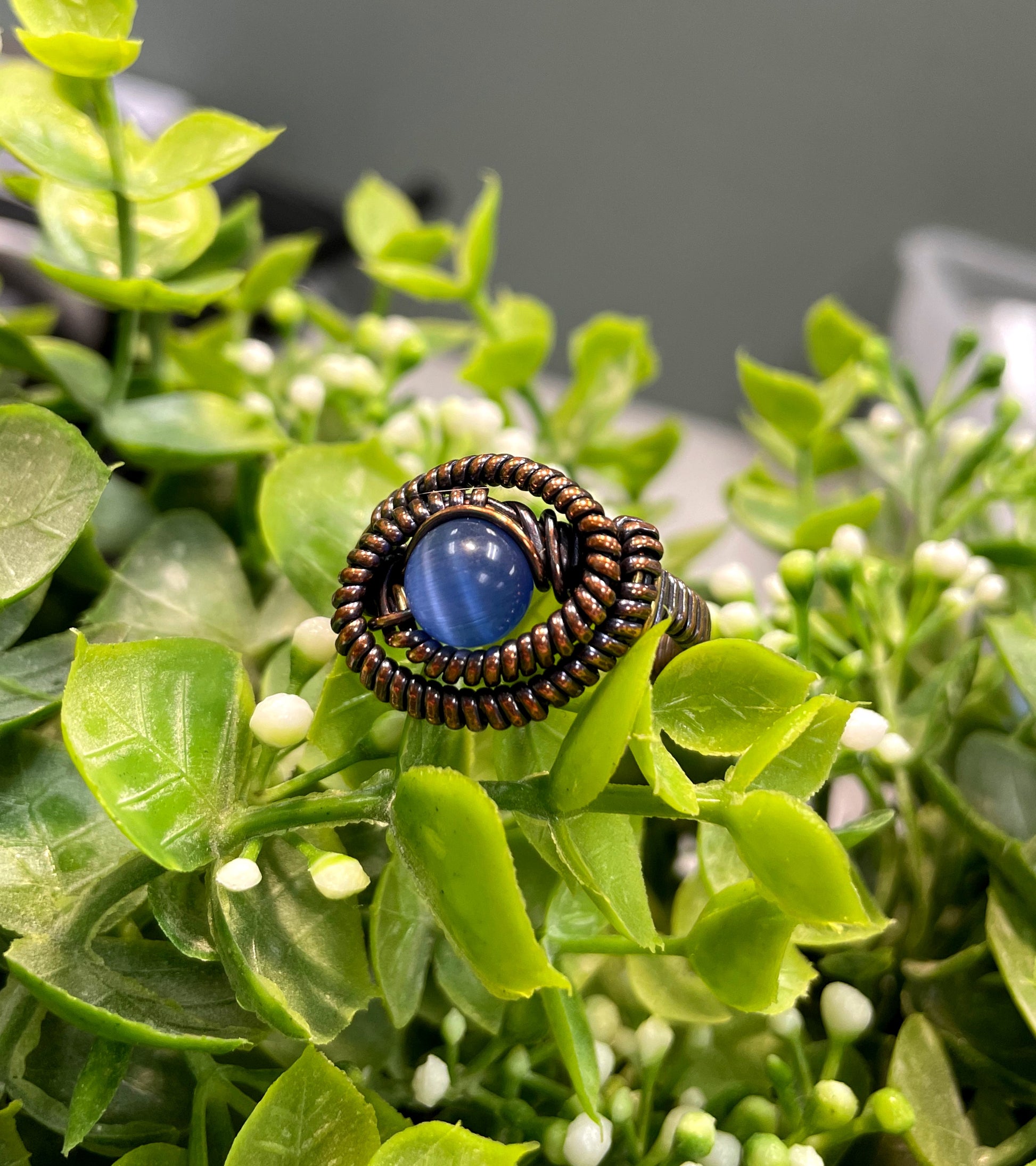 Blue Cats Eye Quartz Gemstone Wire Wrapped Ring - Handmade by Marlayna