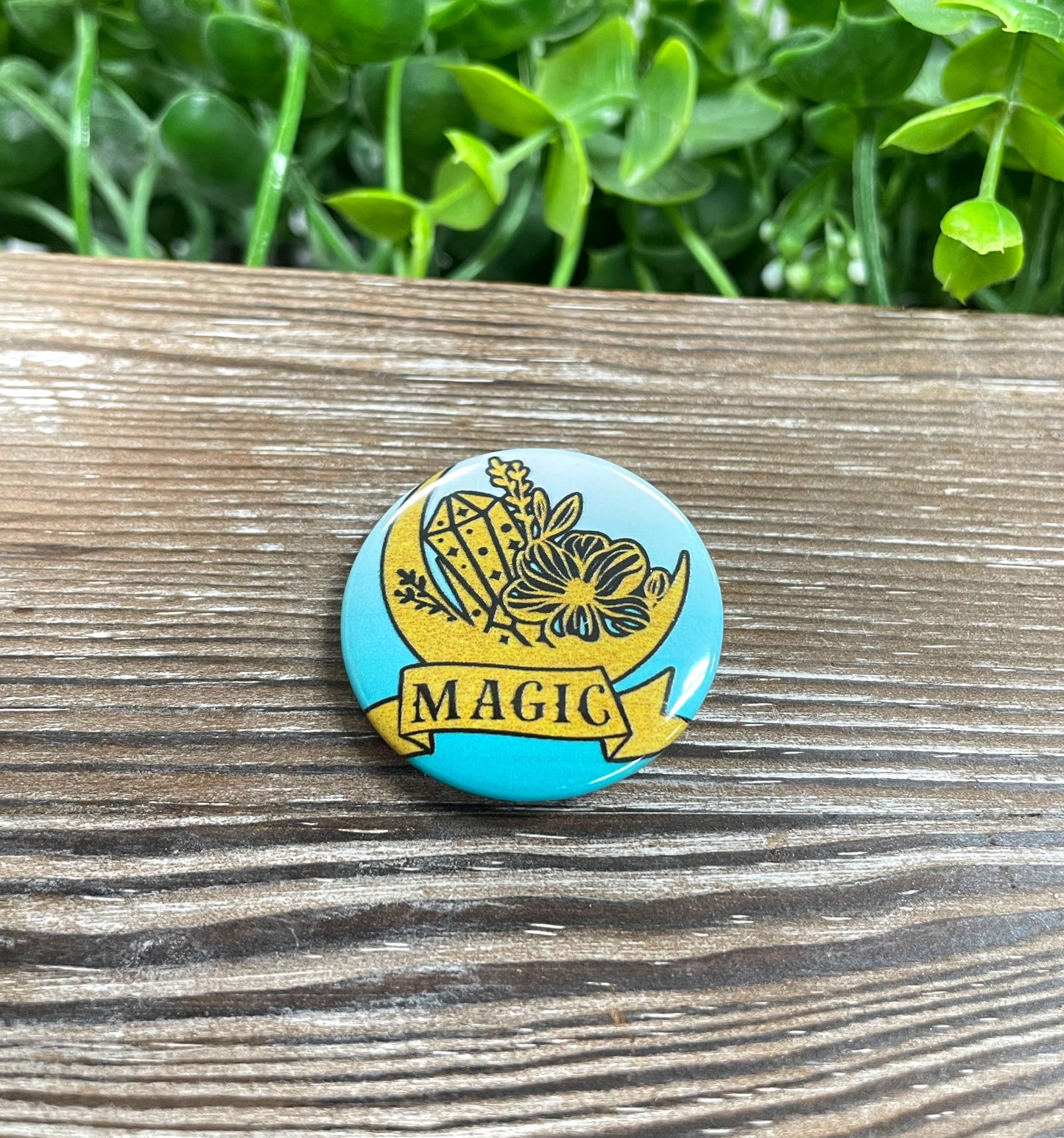 Magic Crescent Moon and Crystals, Graphic Art Button / Pin 1.25” , Blue and Gold - Handmade by Marlayna