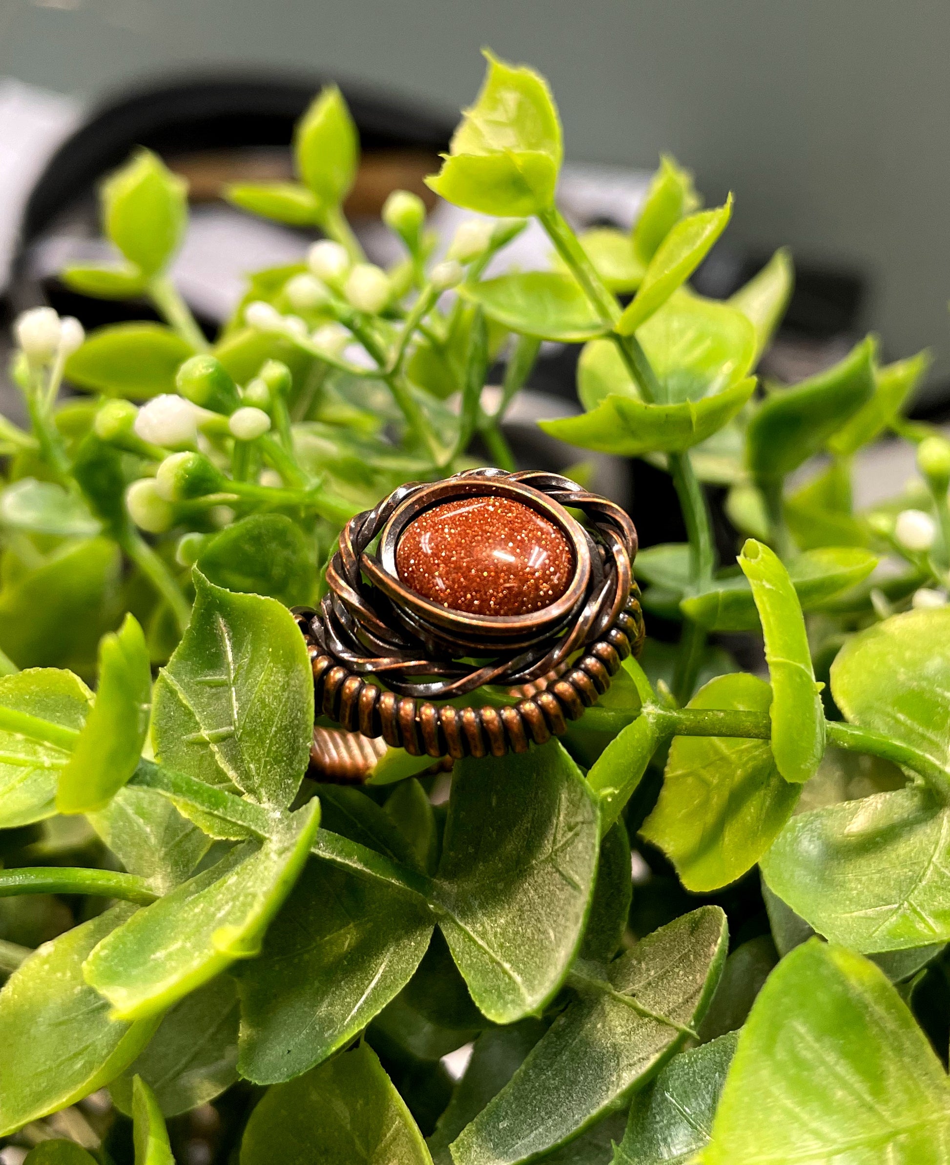 Goldstone Cabochon Wire Wrapped Ring Size 9 - Handmade by Marlayna