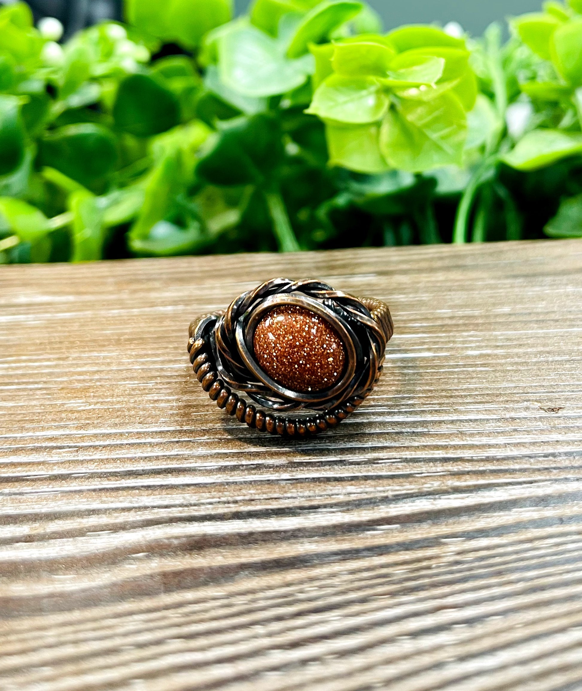 Goldstone Cabochon Wire Wrapped Ring Size 9 - Handmade by Marlayna