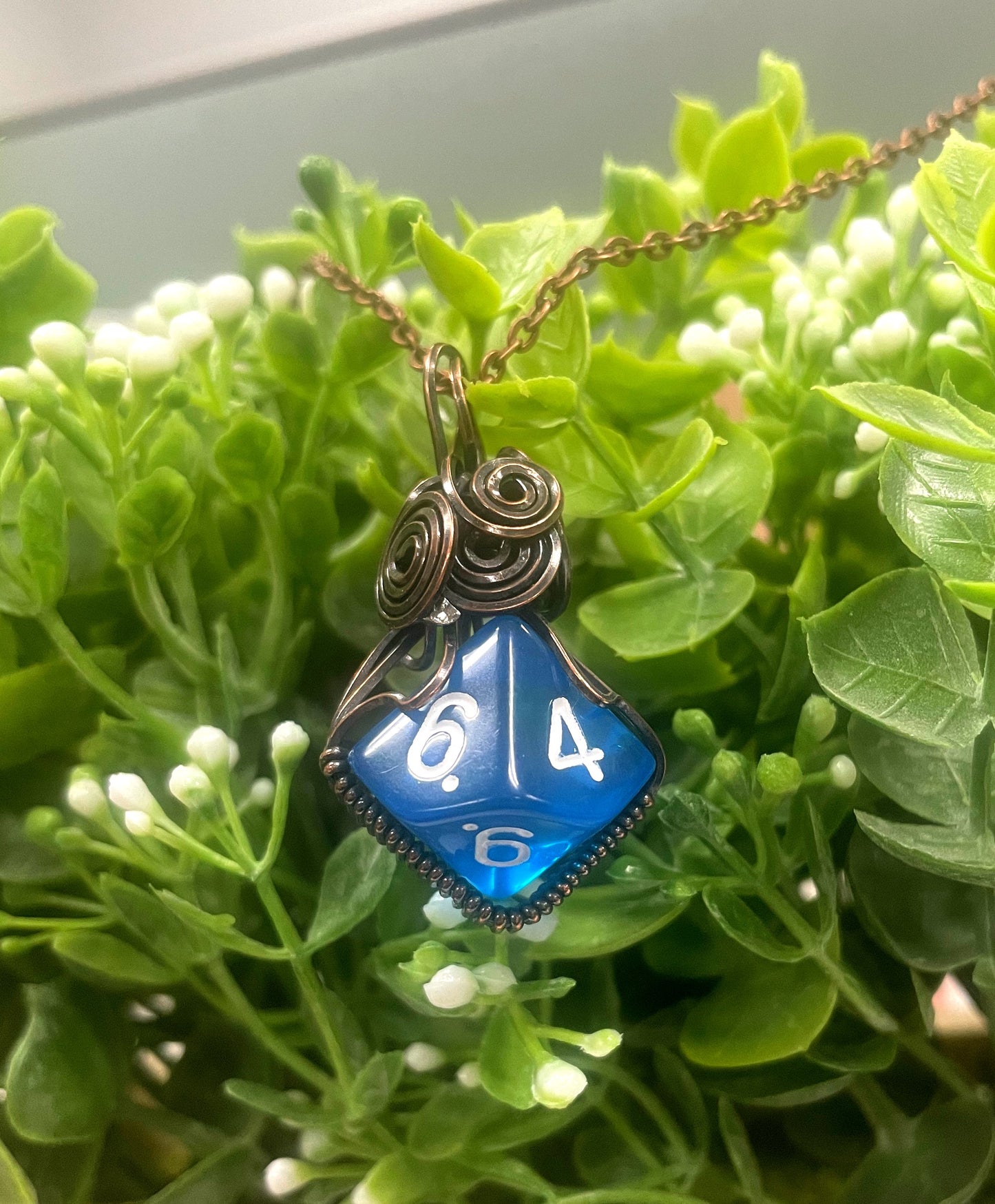 Wire Wrapped D10 Dice Pendant Blue - Handmade by Marlayna