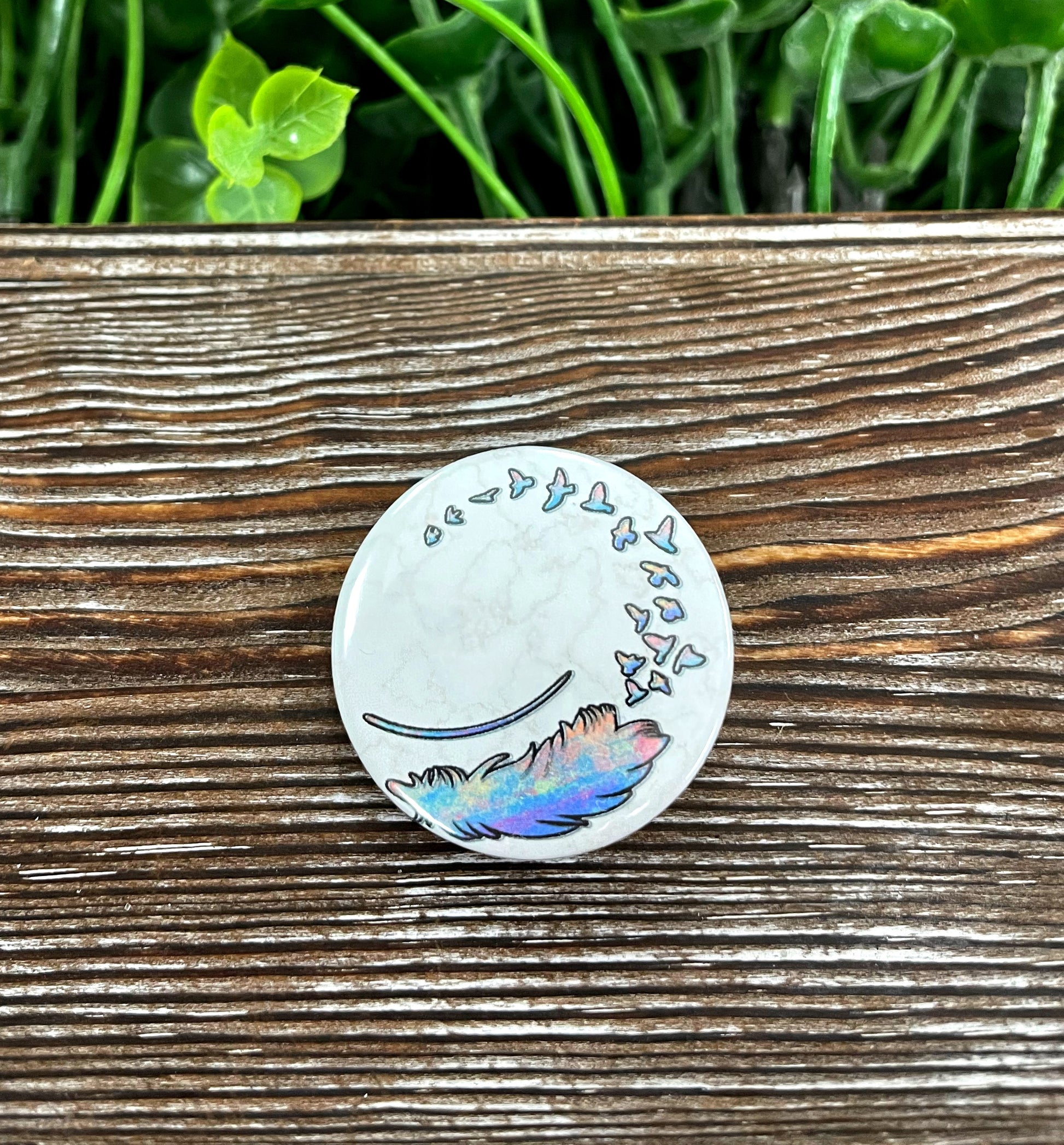 Feather into Birds Graphic Art Button / Pin 1.25” - Handmade by Marlayna