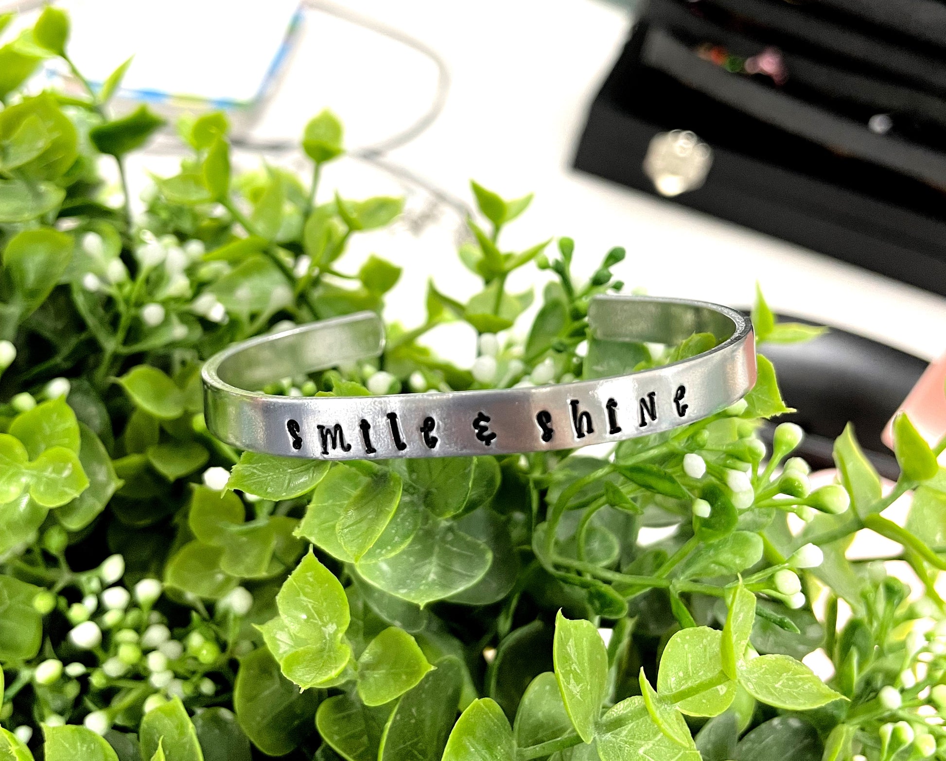 Hand Stamped Cuff Bracelet Smile and Shine - Can be d - Handmade by Marlayna