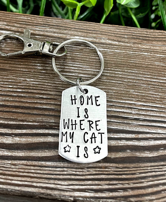 Home is where my cat is, Fun Animal Themed Hand Stamped Key Chain - Handmade by Marlayna