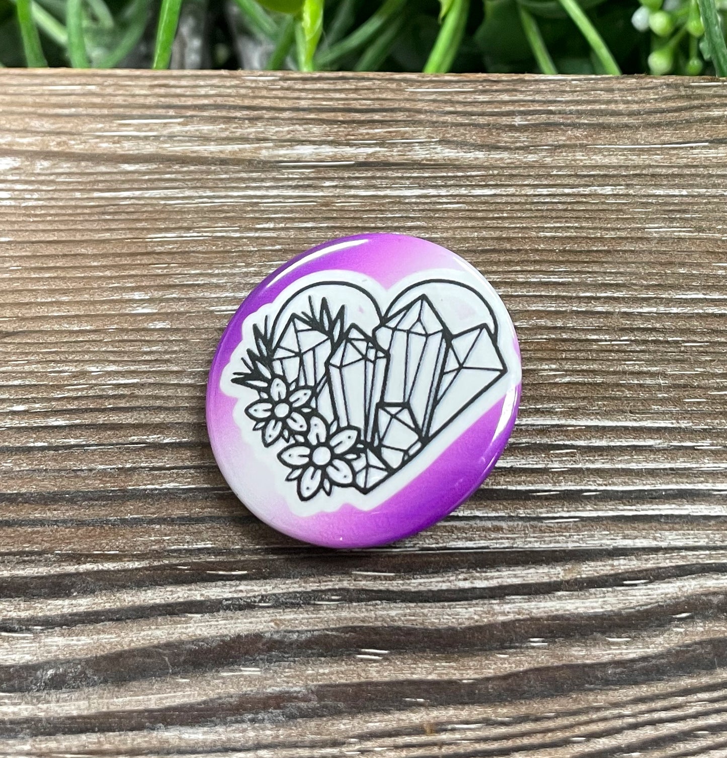 Purple Heart w Crystals, Graphic Art Button / Pin 1.25” - Handmade by Marlayna