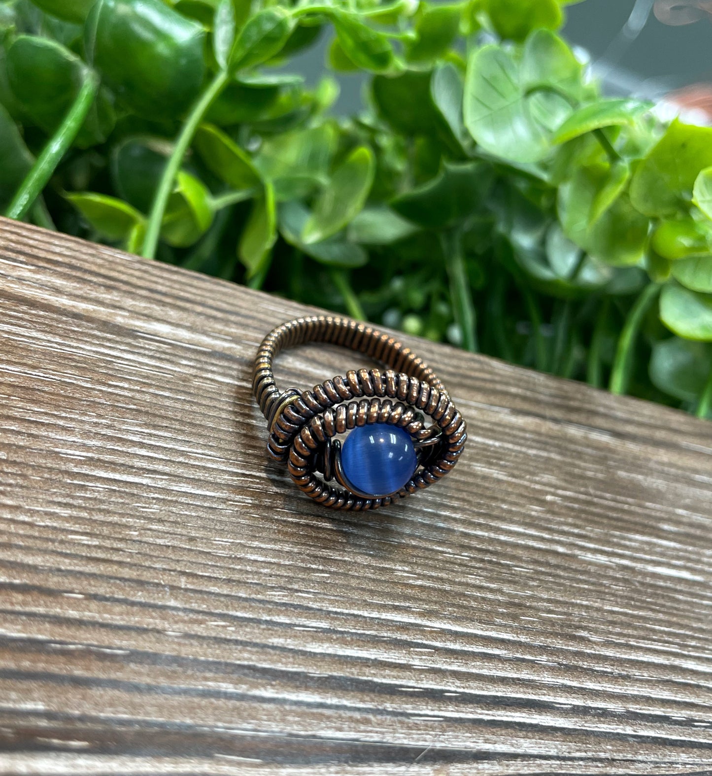 Blue Cats Eye Quartz Gemstone Wire Wrapped Ring - Handmade by Marlayna