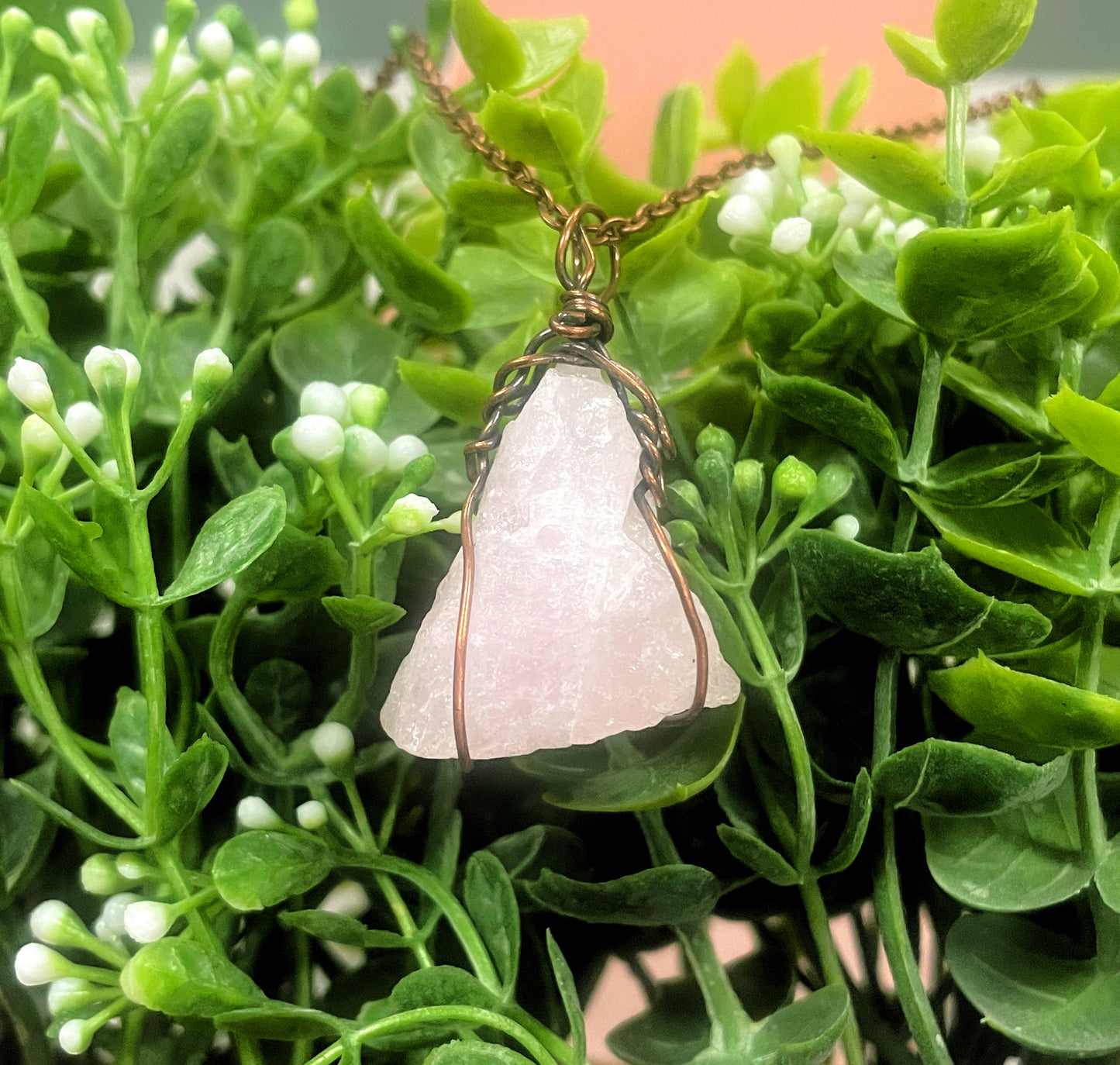 Wire Wrapped Rough Rose Quartz Gemstone Pendant - Handmade by Marlayna