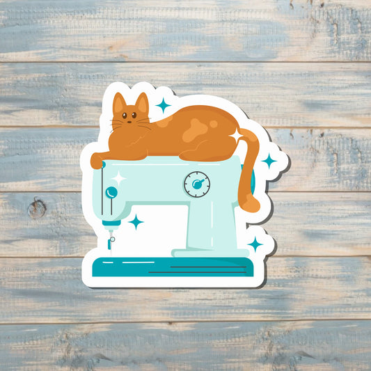 Orange Cat and Sewing Machine, Die Cut Sticker, Graphic Art Vinyl, , Boho Fun |Sticker or Magnet