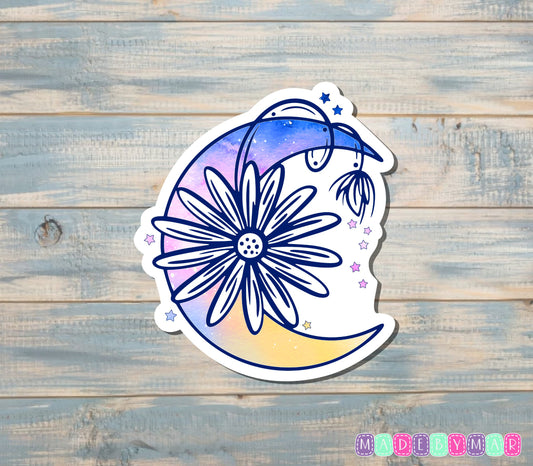 Moon with Large Flower Sticker, Blue and Yellow |Sticker or Magnet