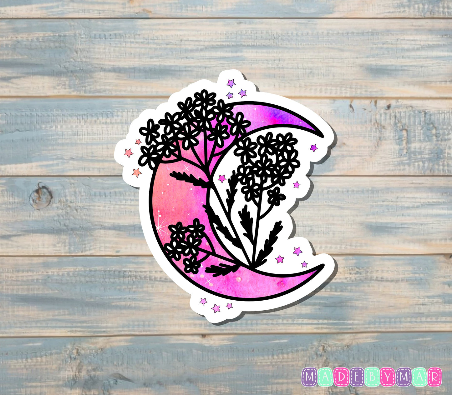 Pink Crescent Moon with Flowers Sticker |Sticker or Magnet