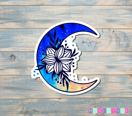 Crescent Moon with Large Flower Sticker |Sticker or Magnet